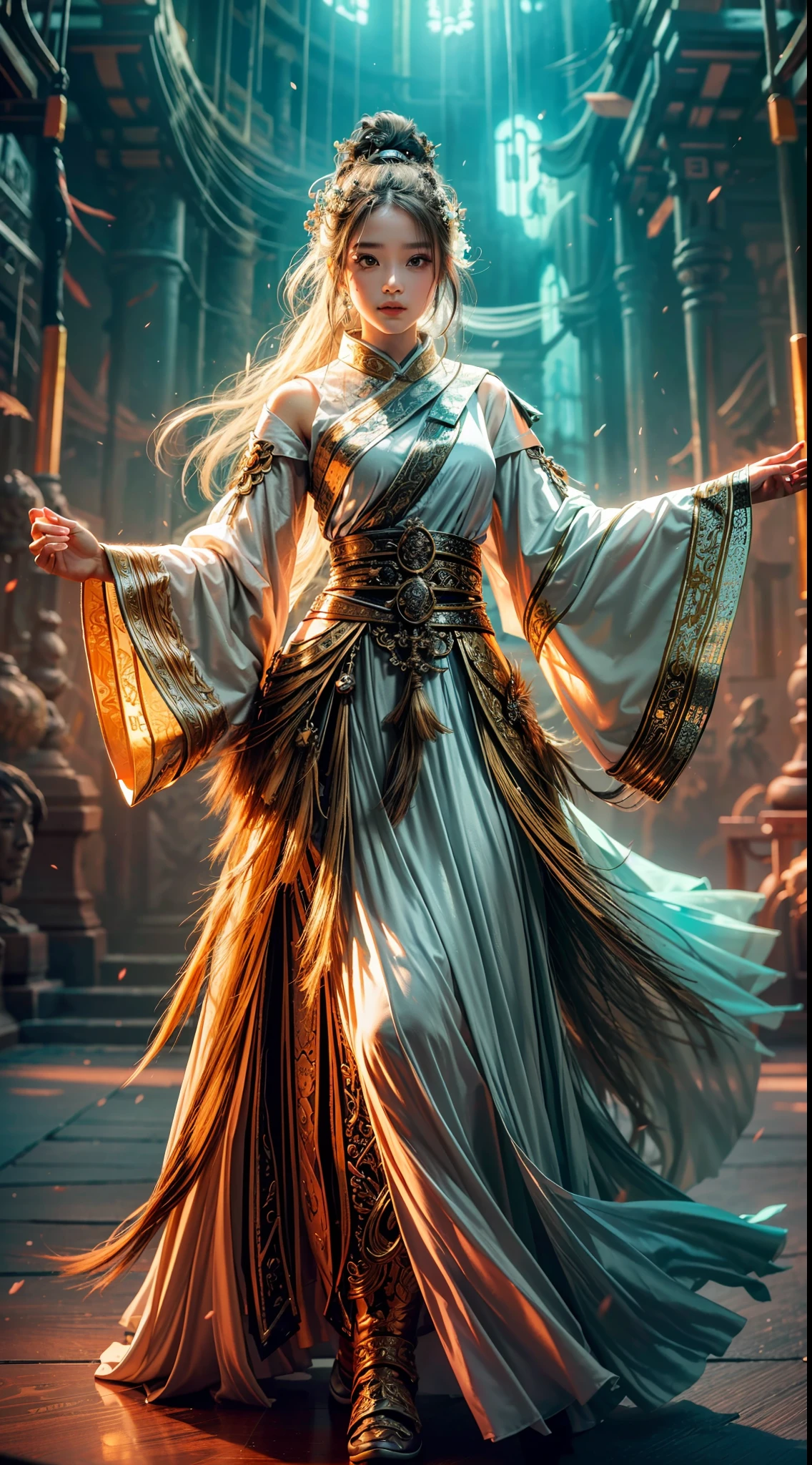 Best image quality, masterpiece level, super high resolution, realism, fantasy theme, facial details, a girl, single, scatter, fairy theme, Fengyong, white loose fringed long skirt, ancient Chinese architecture, interior, get detailed indoor lighting and movie lighting, increase detailed overall ambient light, face and eye details, improve the realism of body details, clearly express sharp focus, glaring at the audience, fairy costumes, bright eyes, simple background.