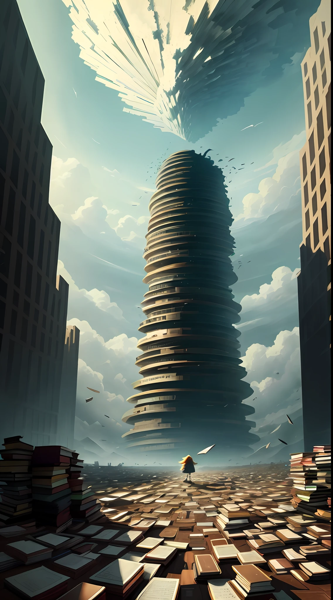 A huge monster composed of many books is collapsing, many books and books are scattered all over the place, the sky is tornado rolling up a lot of paper books, colorful, sunny, there is a standing ************ figure on the ground, extremely allegorical pictures, high quality, 8k