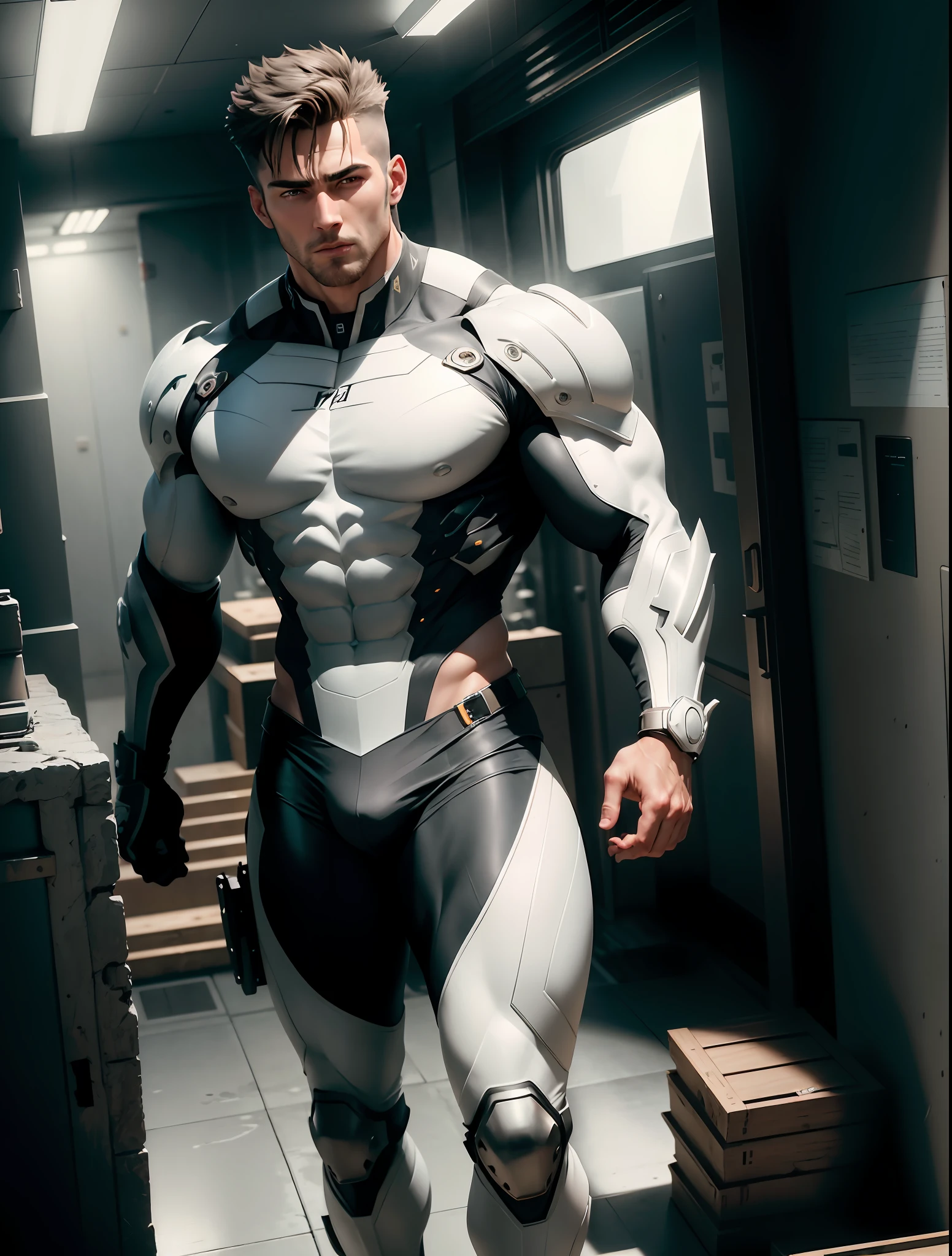 ((Best quality)), ((masterpiece)), (detailed:1.4), 3D, an image of a the most attractive masculine masculer male, huge crotch bulge, part machine part muscular body, HDR (High Dynamic Range),Ray Tracing,NVIDIA RTX,Super-Resolution,Unreal 5,Subsurface scattering,PBR Texturing,Post-processing,Anisotropic Filtering,Depth-of-field,Maximum clarity and sharpness,Multi-layered textures,Albedo and Specular maps,Surface shading,Accurate simulation of light-material interaction,Perfect proportions,Octane Render,Two-tone lighting,Wide aperture,Low ISO,White balance,Rule of thirds,8K RAW, crysisnanosuit, masculinity, masculine, muscular manly, body, visible muscular hairy body, chisled features, half man half machinery, walking on a spaceship, city, scantily clad, visible=e body advisable machinery,
