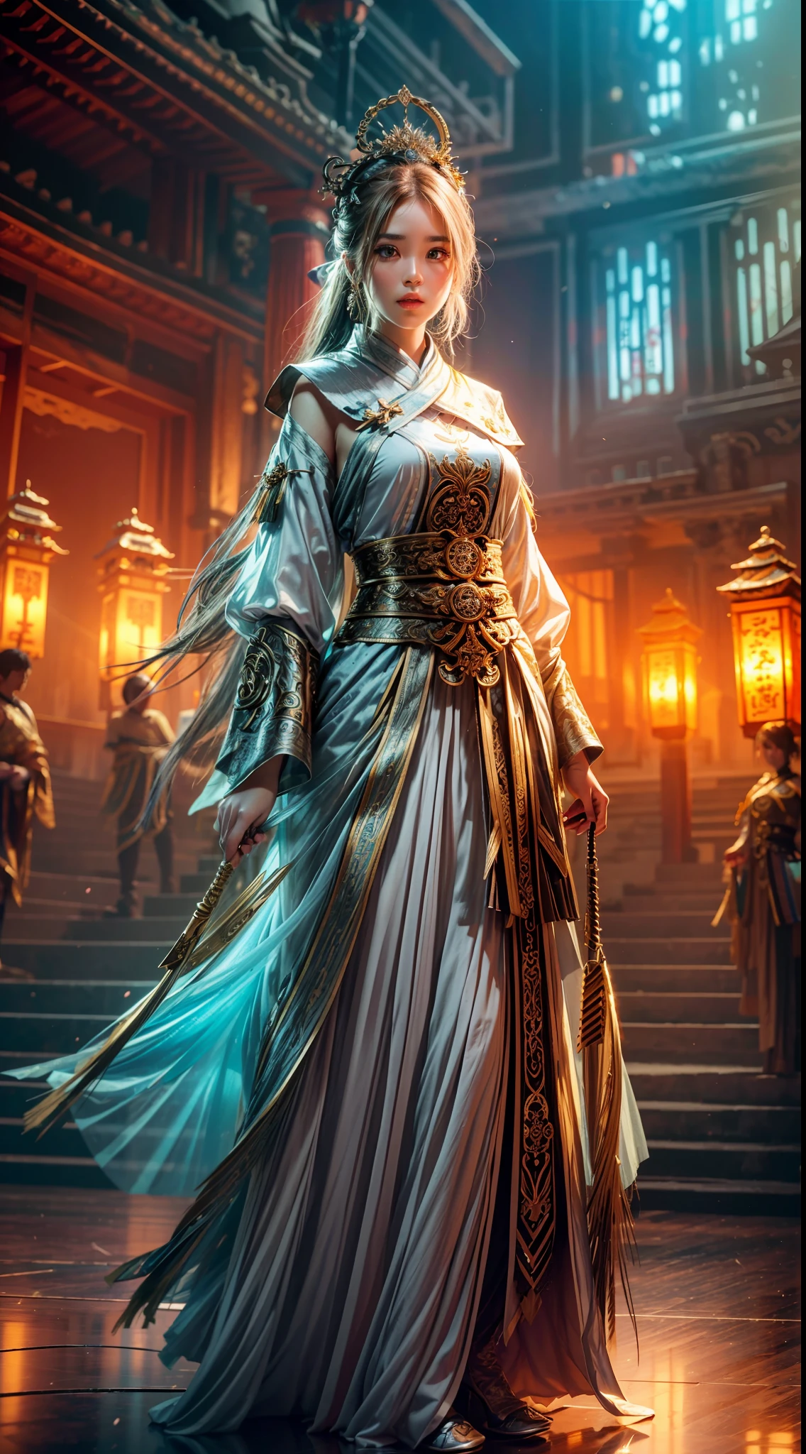 Best image quality, masterpiece level, super high resolution, realism, fantasy theme, facial details, a girl, single, scatter, fairy theme, Fengyong, white loose fringed long skirt, ancient Chinese architecture, interior, get detailed indoor lighting and movie lighting, increase detailed overall ambient light, face and eye details, improve the realism of body details, clearly express sharp focus, glaring at the audience, fairy costumes, bright eyes, simple background.