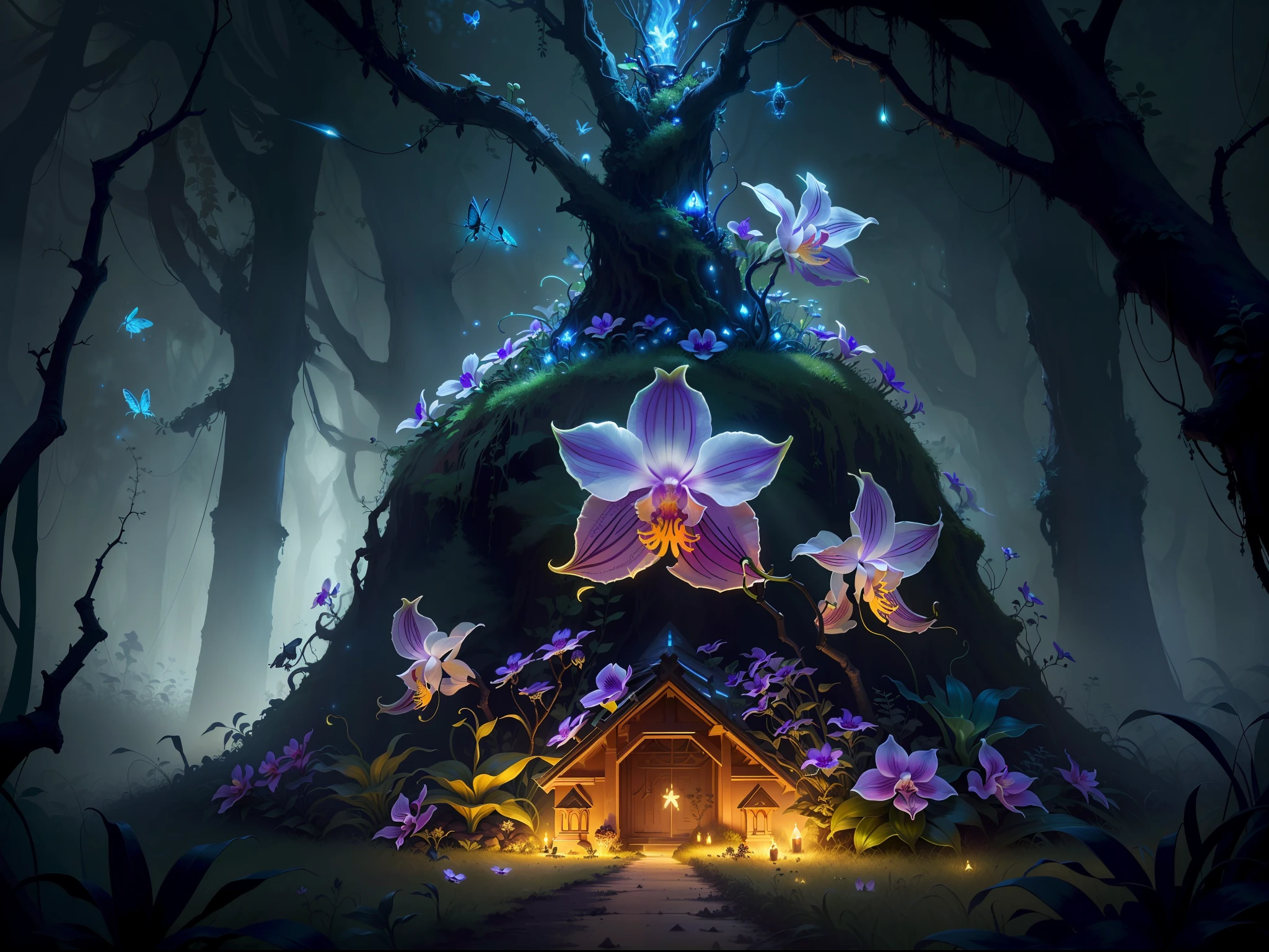 an exorcist style ant hill with beautiful orchids around and fireflies, it is surrounded by strange power,there are also some treasures around, with some magical  visual effects, fantasy, ambiance hd, HDR, 4k upscalen v--4.