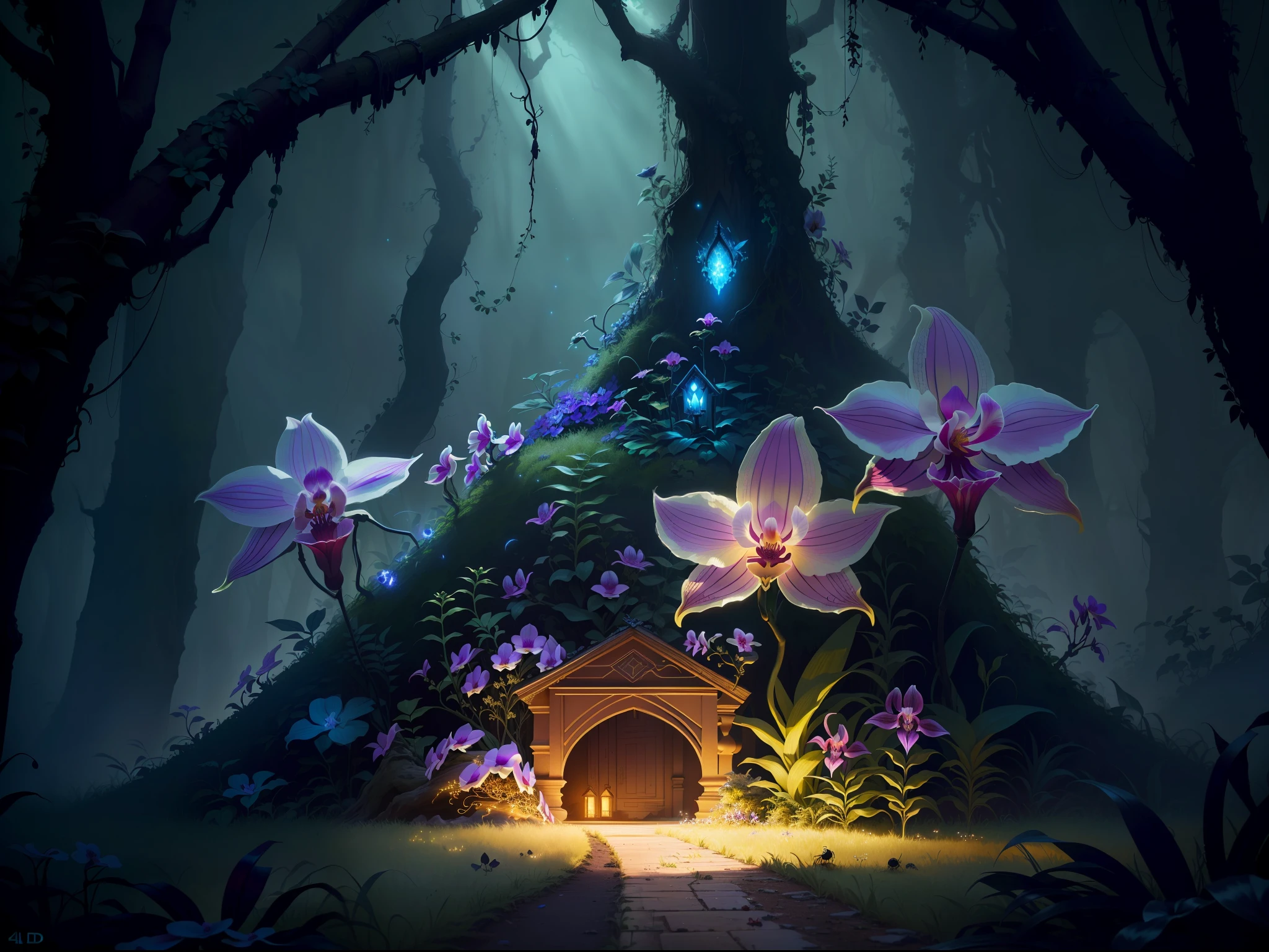 an exorcist style ant hill with beautiful orchids around and fireflies, it is surrounded by strange power,there are also some treasures around, with some magical visual effects, fantasy, ambiance hd, HDR, 4k upscalen v--4.