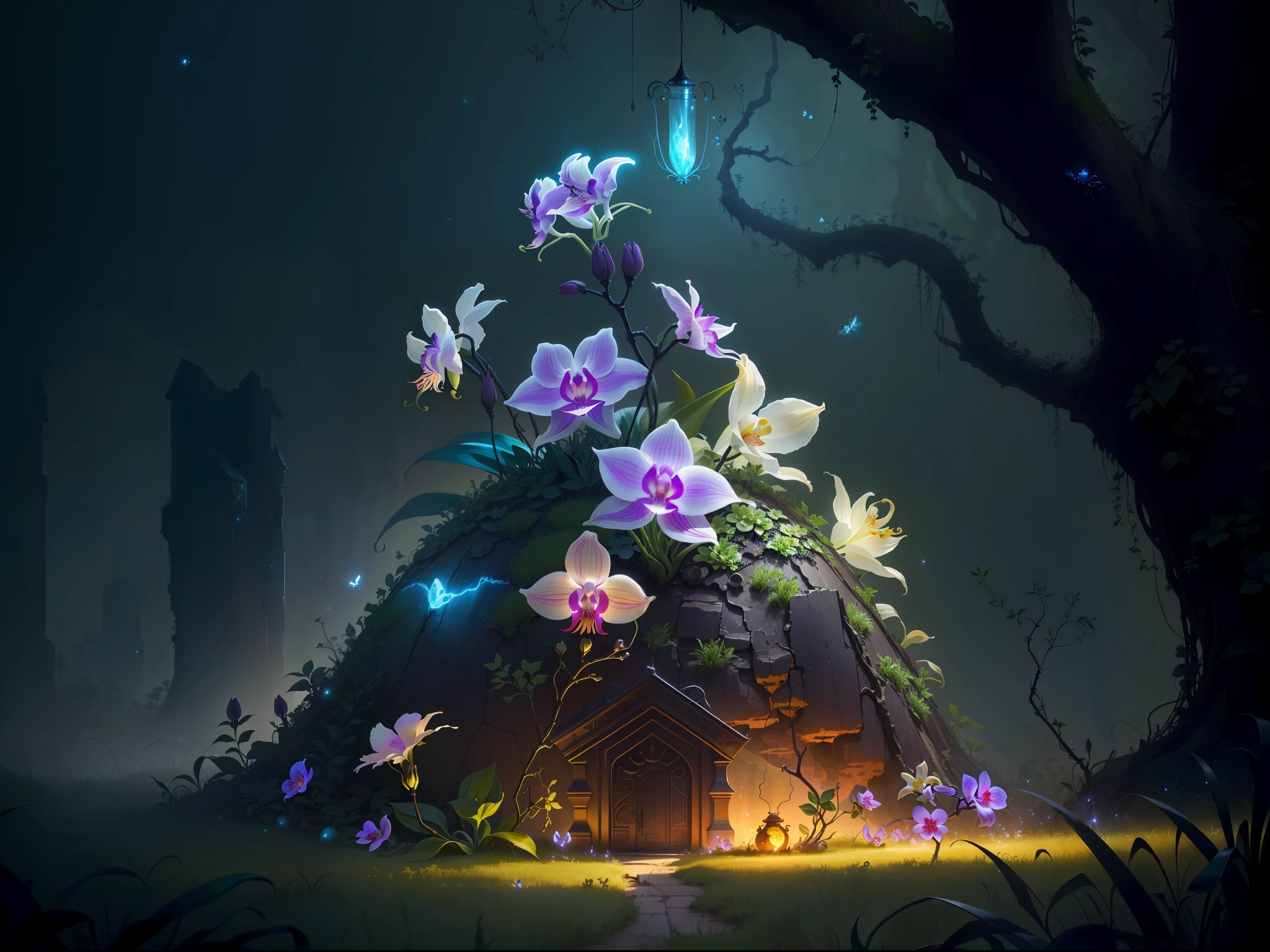 an exorcist style ant hill with beautiful orchids around and fireflies, it is surrounded by strange power,there are also some treasures around, with some magical  visual effects, fantasy, ambiance hd, HDR, 4k upscalen v--4.