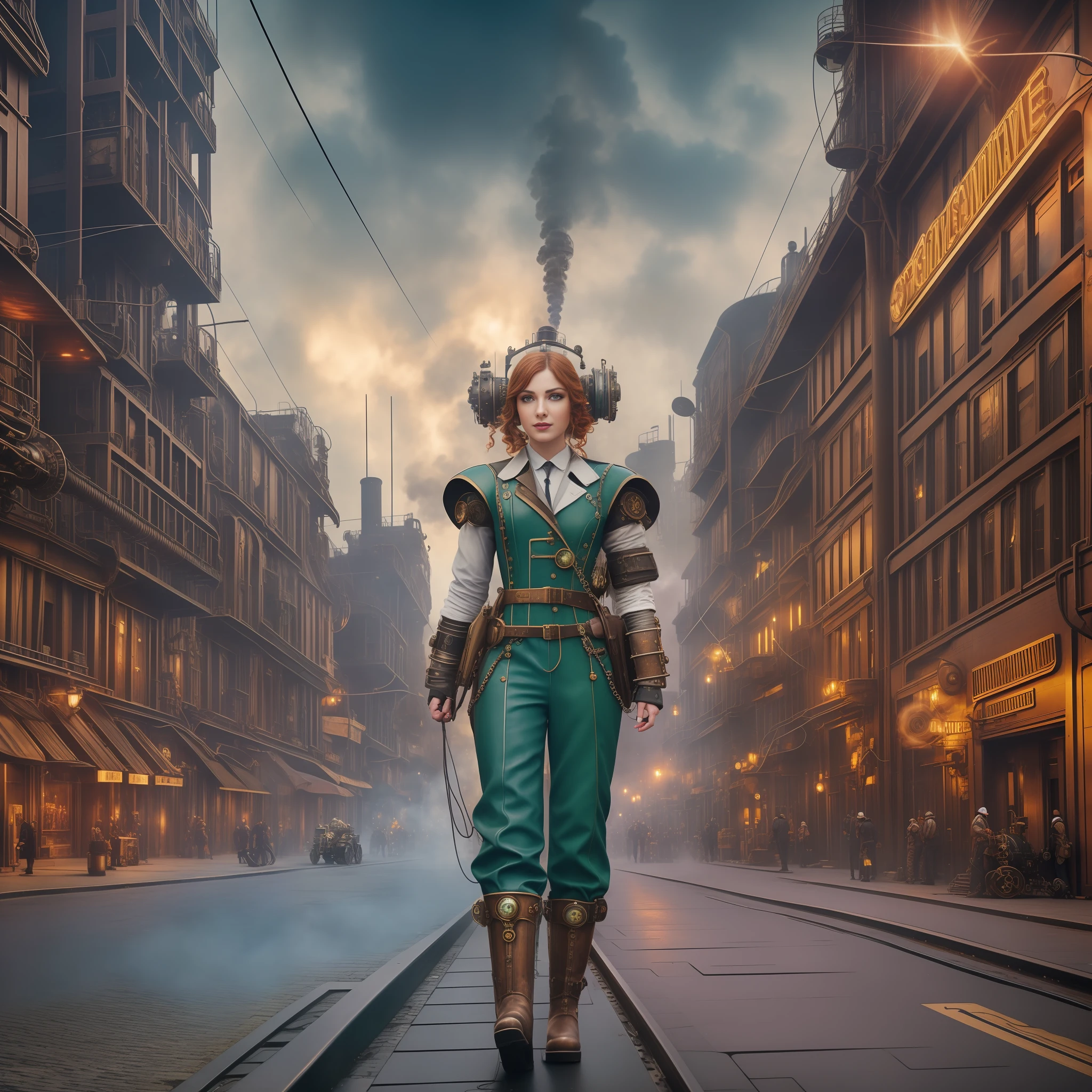 Street photography style image. A snapshot of a steampunk cityscape. Epic automobiles with steam engines on the street. Steam engine powered flying vehicles in the sky. A smiley beautiful 19-years-old caucasian girl in light gray steampunk jumpsuit walking down the street. Red long boots, intercom headset. steampunk choker, perfect detailed face, detailed symmetric green eyes with circular iris, wavy ginger hair, wearing enormous mechanical wings in her back, overall theme is street photography in Industrial Steampunk City, cogs and gears, steamy background with lots of steam pipes and steam valves and pressure gauges and gears, realistic, stunning realistic photograph, 3d render, octane render, cinematic, Isometric, Centered, hyperealistic cover photo, awesome full color, 12k, high definition, cinematic, portrait featured on unsplash, smooth, ultra high definition, 8k, ultra sharp focus, intricate artwork, masterpiece, ominous, epic, highly detailed, warm cinematic