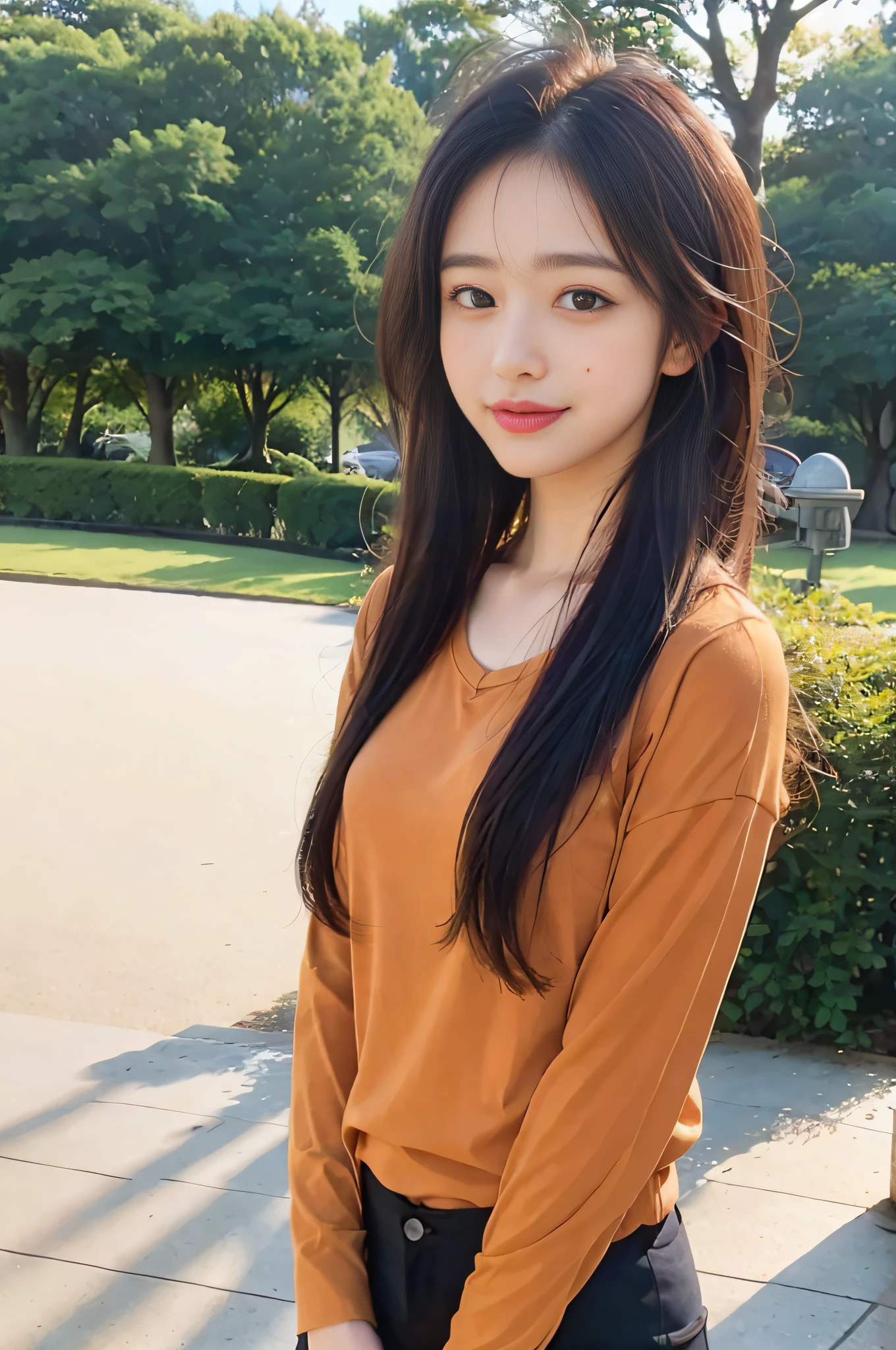 High definition RAW photo, orange Kalibaldi shirt, slender beauty 1, black hair, evening Yoyogi park, light smile