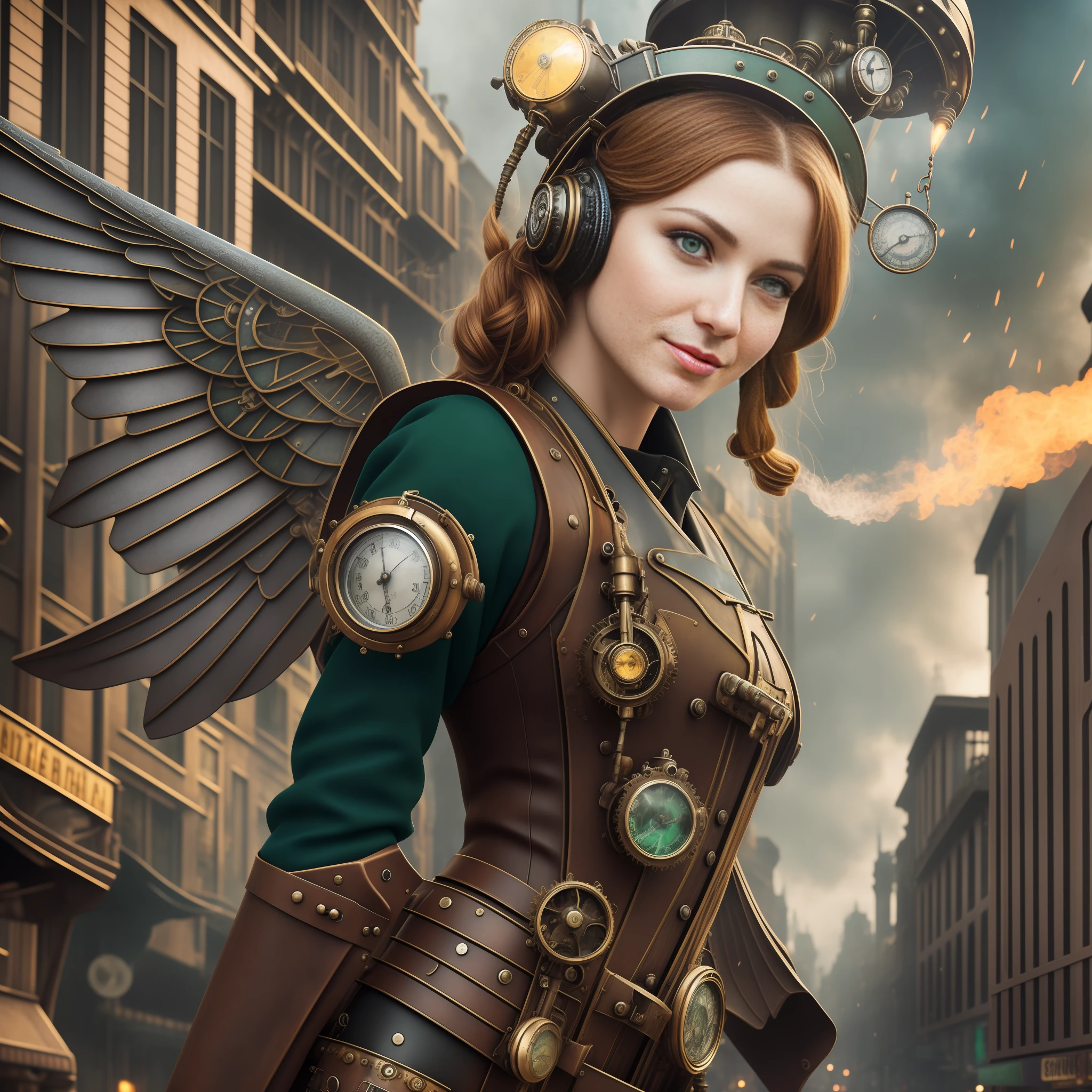 Street photography style image. A snapshot of a steampunk cityscape. Epic automobiles with steam engines on the street. Steam engine powered flying vehicles in the sky. A smiley beautiful 19-years-old caucasian girl in light gray steampunk jumpsuit walking down the street. Red long boots, intercom headset. steampunk choker, perfect detailed face, detailed symmetric green eyes with circular iris, wavy ginger hair, wearing enormous mechanical wings in her back, overall theme is street photography in Industrial Steampunk City, cogs and gears, steamy background with lots of steam pipes and steam valves and pressure gauges and gears, realistic, stunning realistic photograph, 3d render, octane render, cinematic, Isometric, Centered, hyperealistic cover photo, awesome full color, 12k, high definition, cinematic, portrait featured on unsplash, smooth, ultra high definition, 8k, ultra sharp focus, intricate artwork, masterpiece, ominous, epic, highly detailed, warm cinematic