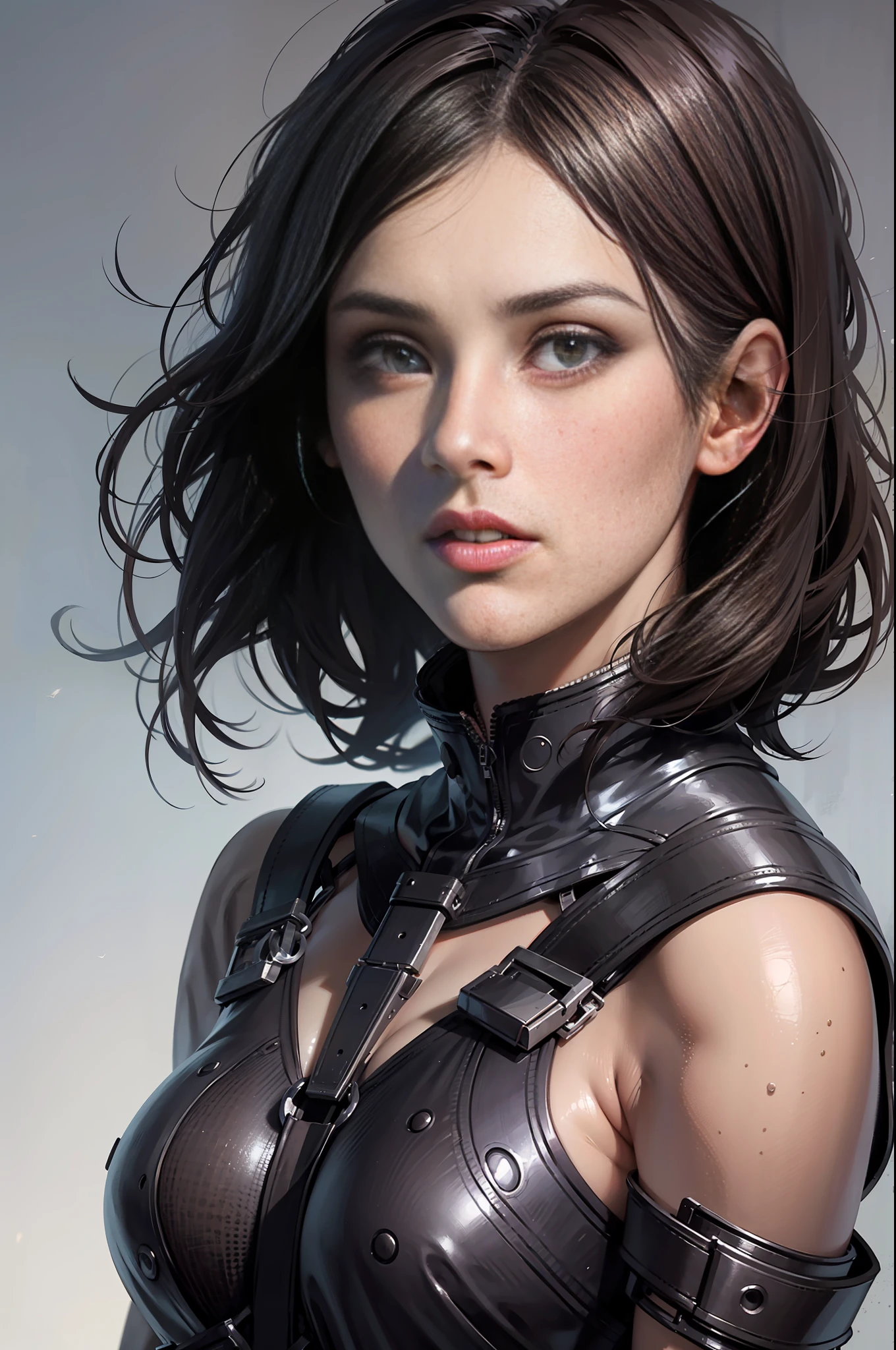 1girl
rait of a woman with dark brown hair, dark eyes, dark eyebrows, dark eyebrows, wide chin, by greg rutkowski and seb mckinnon, trending on artstation
