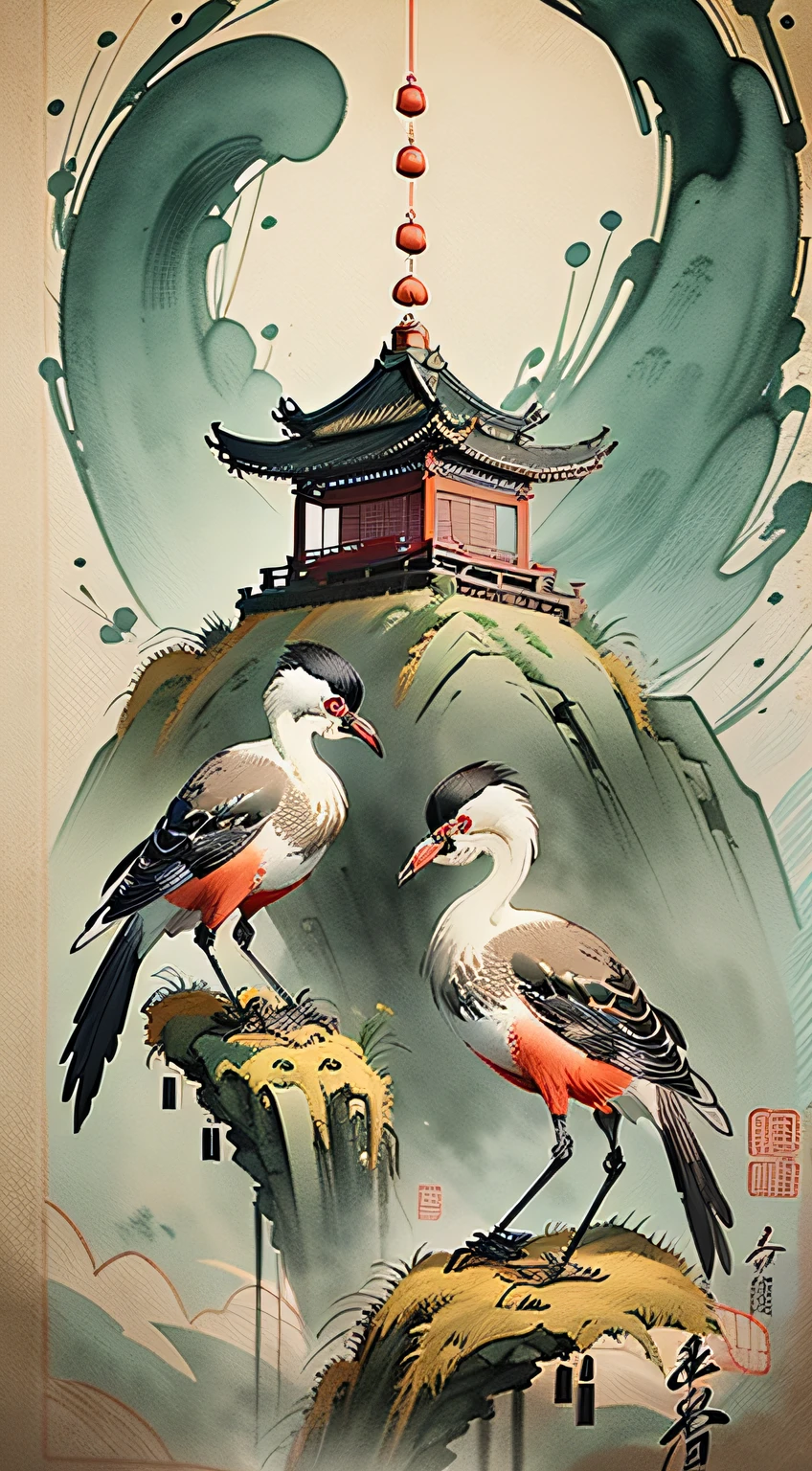 Standing crane, Chinese brush illustration, Chinese painting style, Chinese traditional painting, Chinese traditional ink painting, Chinese style painting, Chinese watercolor style, Chinese ink painting, exquisite artwork illustration, Chinese traditional art, Chinese painting, Zhongyuan festival,