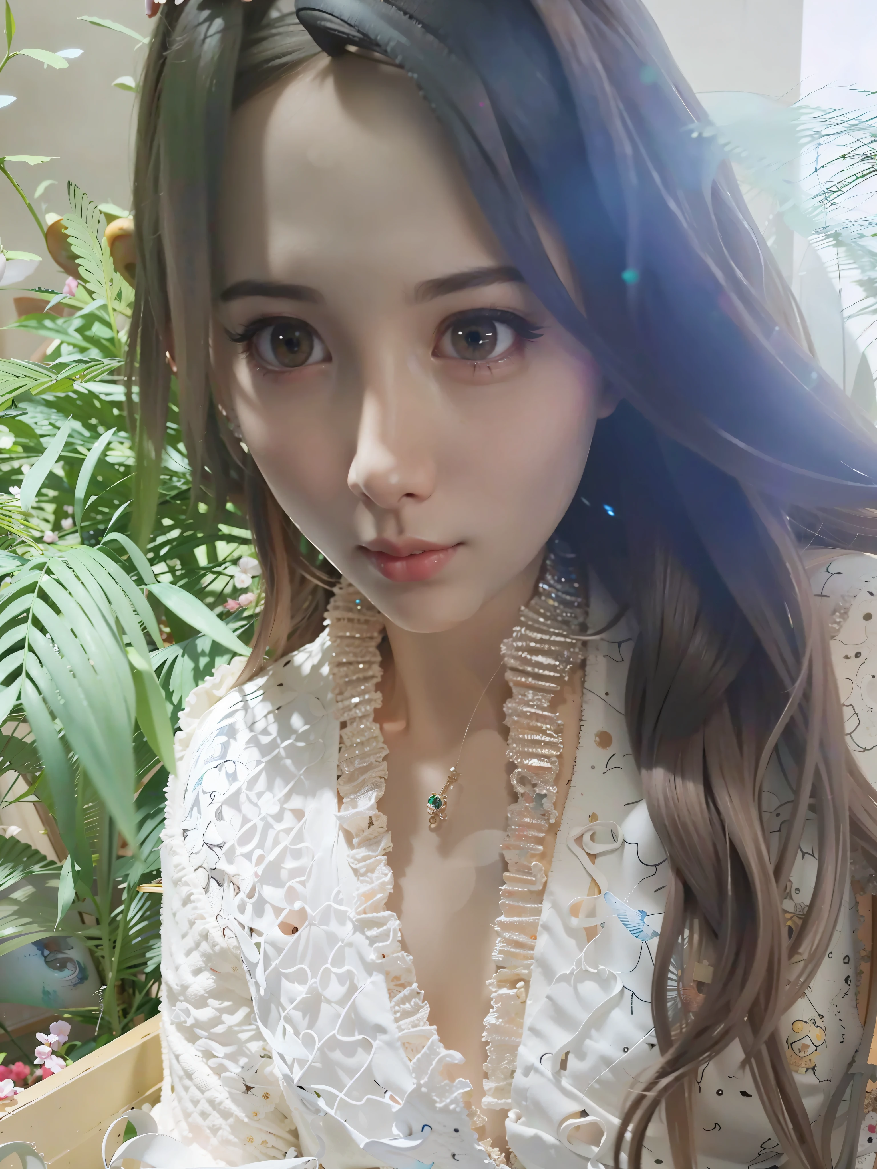 (RAW photo, best quality), (realistic, photo-realistic:1.3),best quality,highly detailed,masterpiece,ultra-detailed,illustration,1girl,upper_body,dynamic angle,world masterpiece theater,messy_long_hair,best quality,extremely detailed CG unity 8k wallpaper,ink,Amazing,cinematic lighting,lens_flare, dunhuang_style