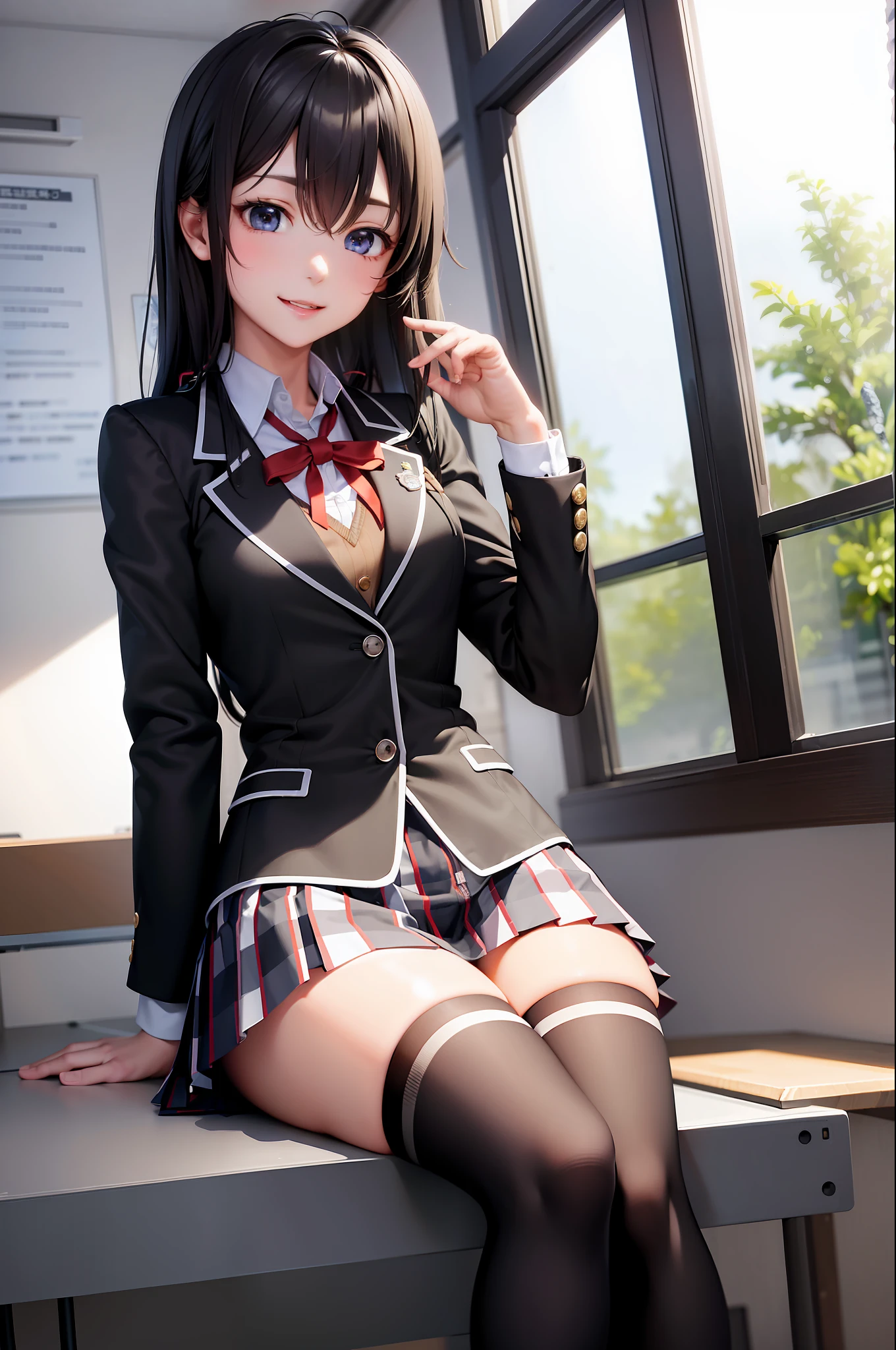 (Masterpiece, Best Quality: 1.2), Solo, One Girl, Yukino Yukinoshita, Smiling, Watching Viewer, Sitting, School Uniform, Black Jacket, Plaid Skirt, ((Panchira)), Thigh Socks, Classroom