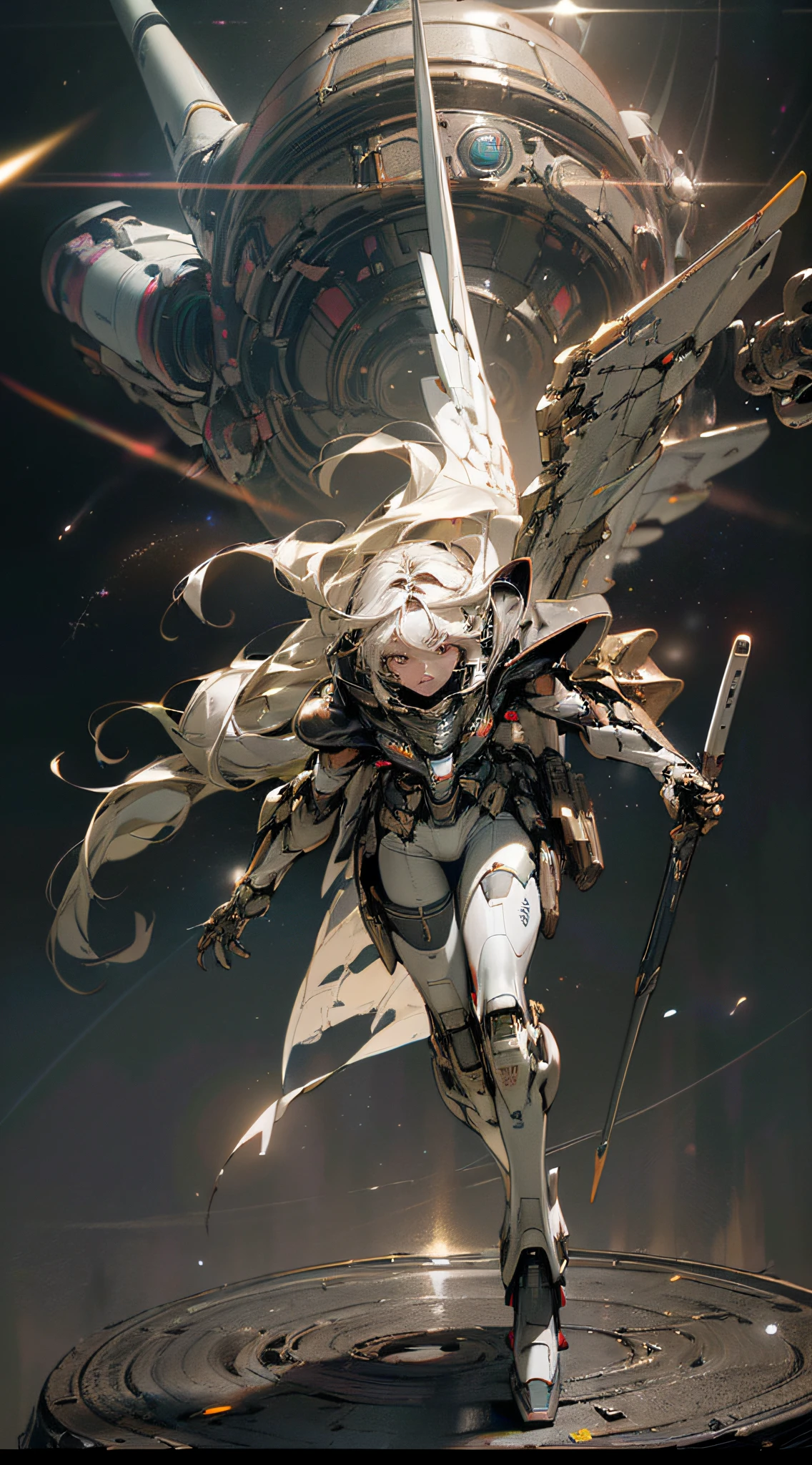 ((Best quality)), ((masterpiece), (highly detailed:1.3), 3D, Pretty, (cyberpunk:1.2), In Space, Nebula, holding_weapon, (1Female mecha:1.3), facing the audience, beautiful face, golden eyes, long white-blond hair, long silky hair, full body, (flying, diving down, dynamic, Motion Blur: 1.4), (Giant Mech Wings: 1.6), Look Up, glowing_eyes, Mecha, Panorama, Earth, Blue Planet, Ring Circle, Nebula, Starlight, Space, Particle, Reality, HDR (High Dynamic Range), Ray Tracing, NVIDIA RTX, Super Resolution, Unreal 5, Subsurface Scattering, PBR Texture, Post Processing, Anisotropic Filtering, Depth of Field, Maximum Sharpness and Sharpness, Multi-layer Texture, Albedo and Specular Mapping, Surface shading, Accurately Simulating Light-Material Interactions, Perfect Proportions, Octane Render, Duotone Lighting, Large Aperture, Low ISO, White Balance, Rule of Thirds, 8K RAW, High Efficiency Sub-Pixel, Subpixel Convolution,