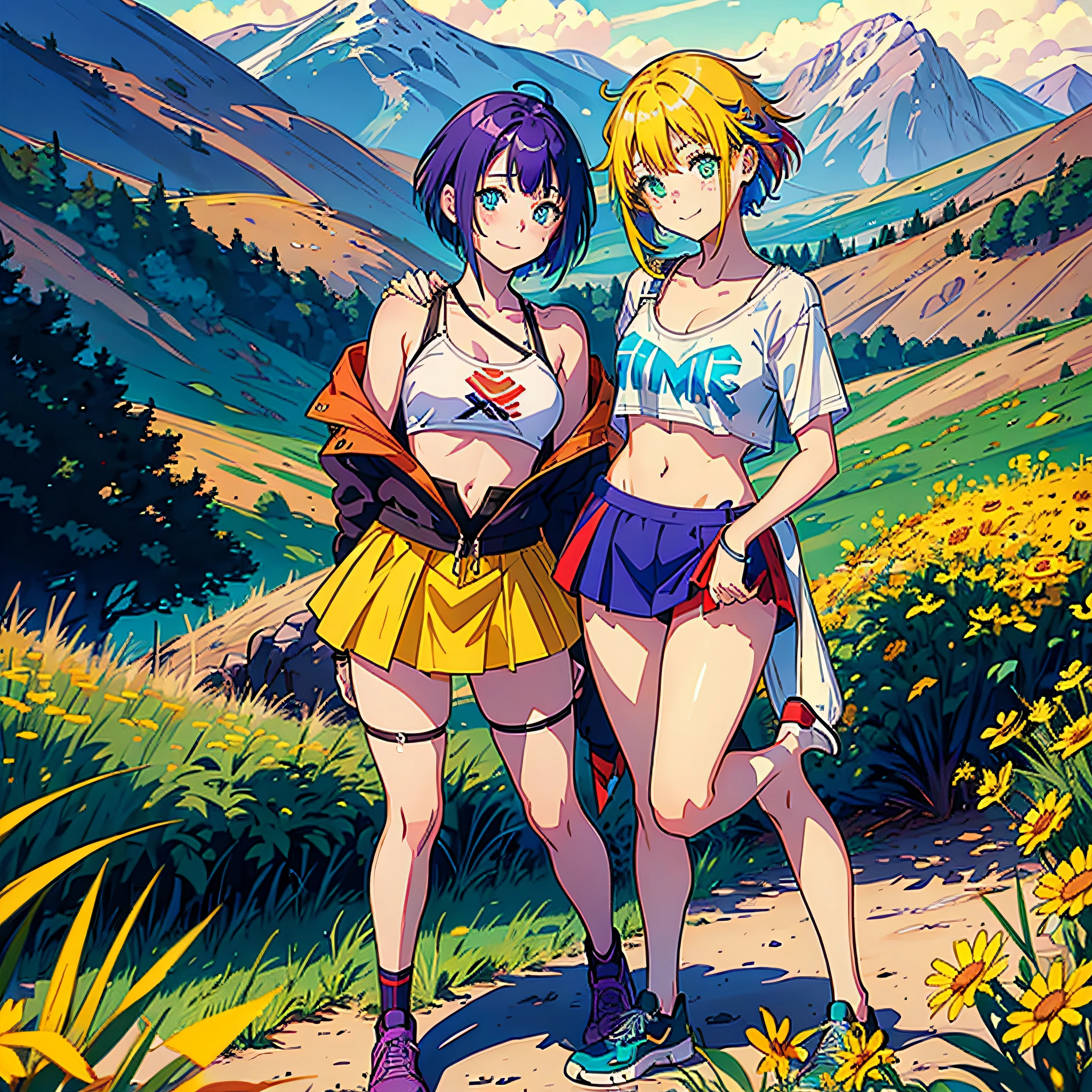 A girl, tie-dyed hair, short hair, blue hair, purple hair, yellow hair, green eyes, smile, teeth exposed, freckles, sexy girl, red short top, white underwear, short skirt, standing in front of the camera, background is a field and mountains, full body, high quality, 8k