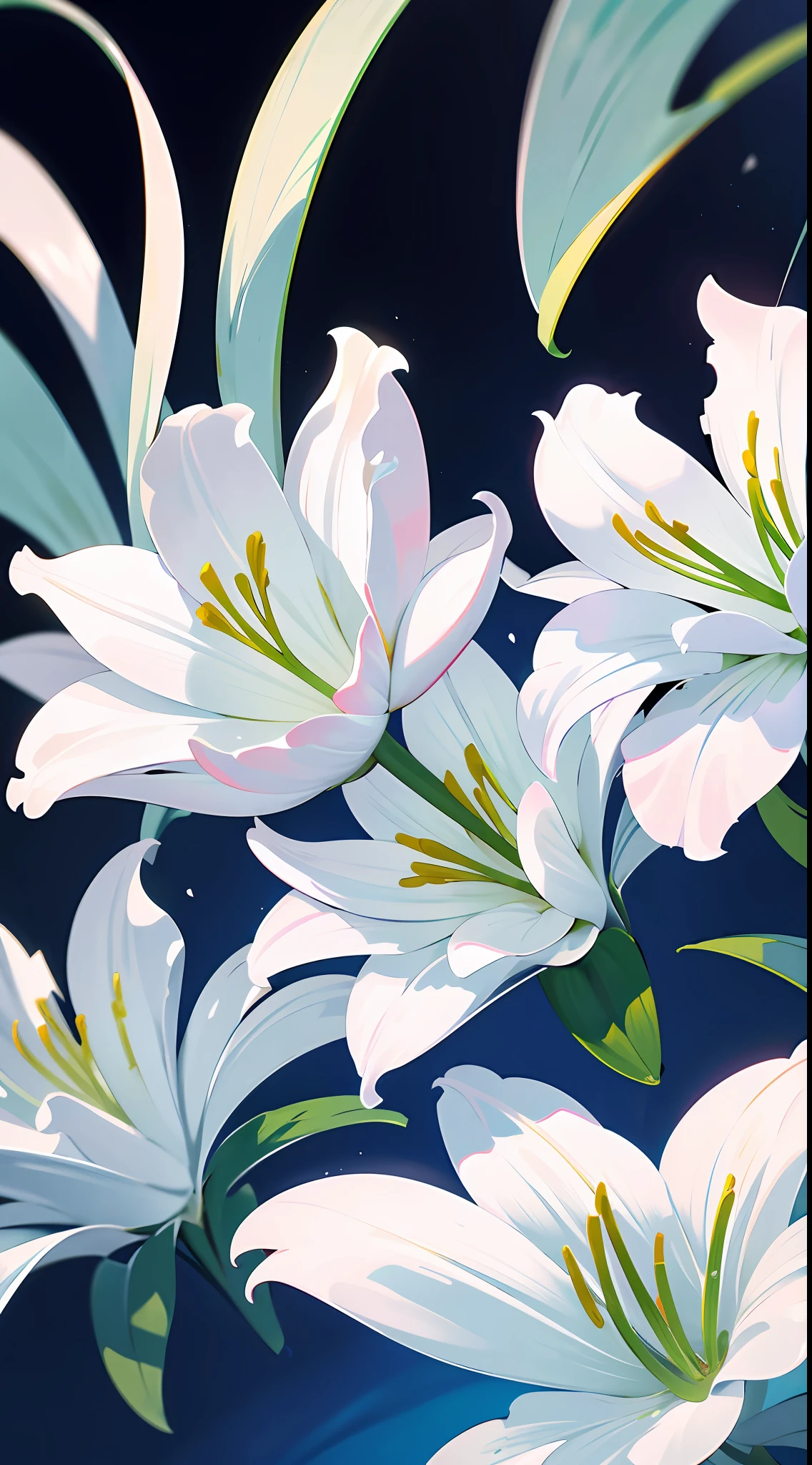 Close-up of lilies, high-precision picture quality, beautiful white background showing a lily picture. White lilies bloom towards us in pictures, capturing every corner of the human eye. The details of the petals are delicate and gorgeous, the exotic ears take on a sense of mystery, and the glowing details make the flowers look even more delicate. Improve the details of the stem and flower of the cosmic lily to make the picture more perfect.