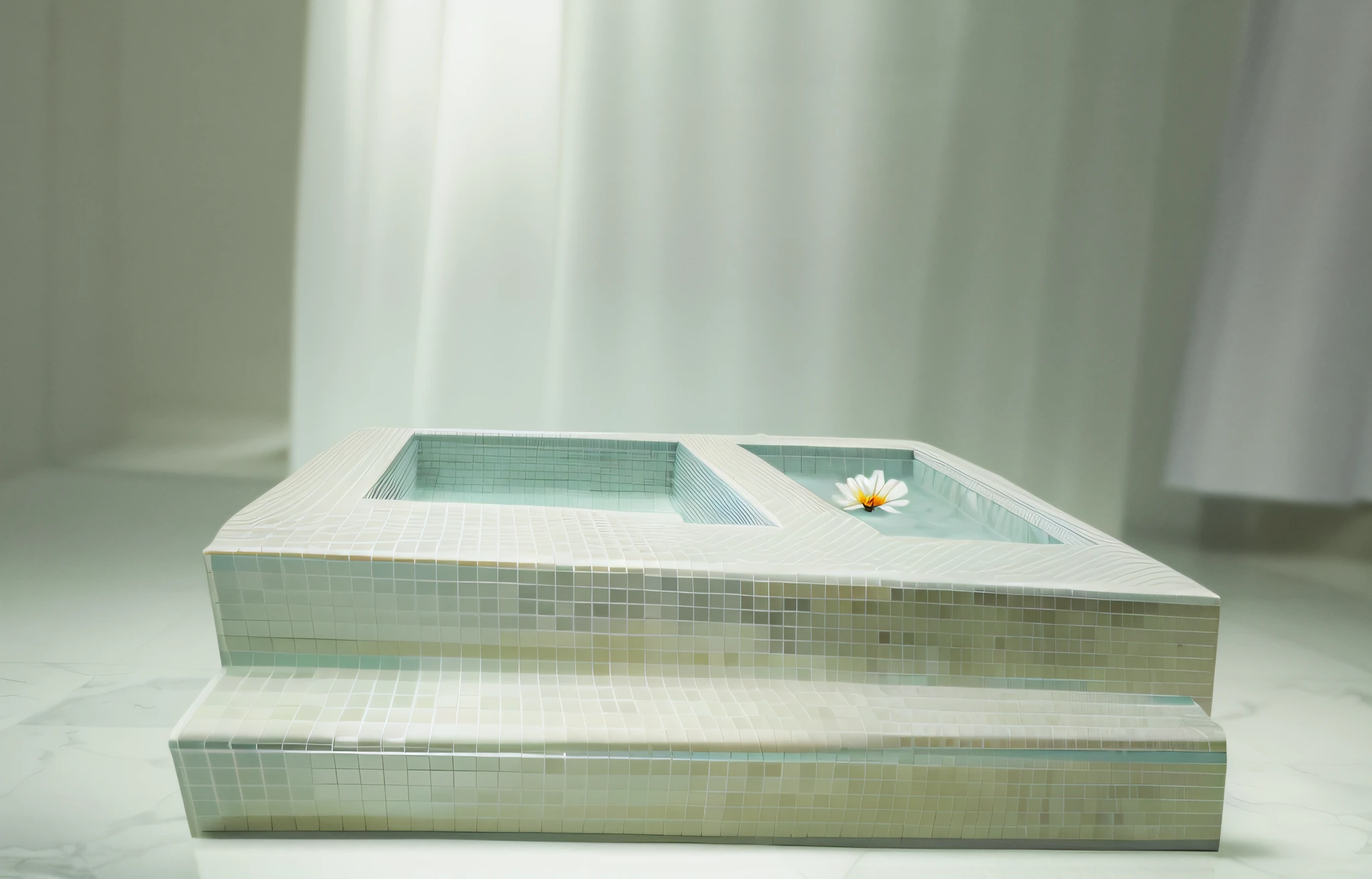 The best quality, masterpiece, a pale green bubble pool placed on the floor of the bathroom, the floor is marble, the background has various bathroom decorations, exquisite room, high definition, color balance, highlighting the bath while more details and color matching, petals, greenery, flowing curtains, sunlight obliquely into the room, three-dimensional vivid, the illustration is a high-definition illustration in 4K resolution, with highly detailed features and visuals.