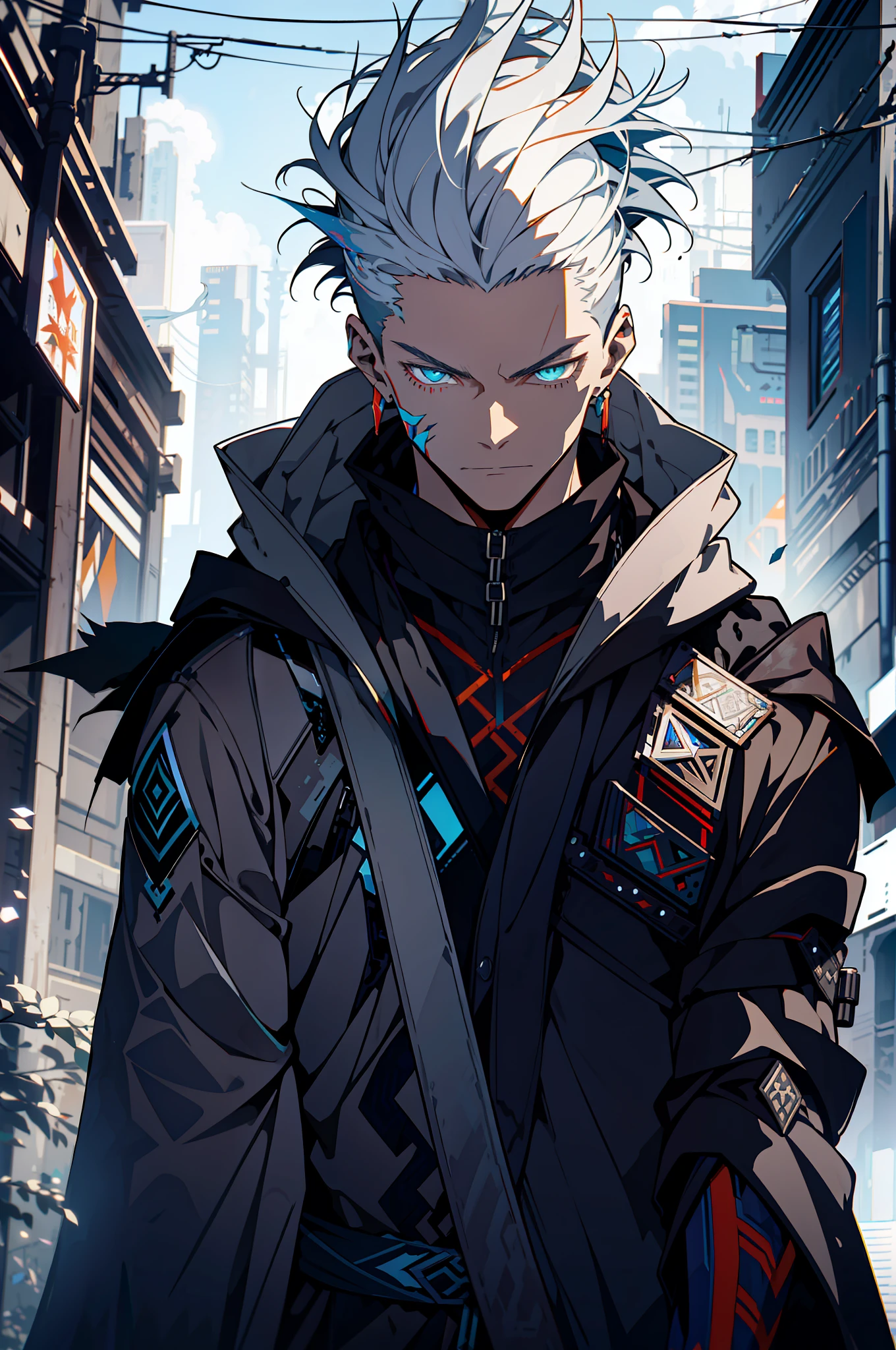 Cyberpunk male, fantasy world, dark background, clean design, epic instagram, artstation, colorful paint splatter, silhouette, hyper detailed intricate details, unreal engine, fantasy, intricate details, splash screen, complementary colors, Fantasy concept art, 8k resolution, deviantart masterpiece, oil painting, heavy strokes, paint dripping, (isolated on white background: 1.3), rainbow skin, (((handsome young man))), ((age:1.5) ), (glowing blue eyes), ((light eyes)), ((((short white hair: 1.1))), ((black clothes)), (prince\\(indifferent expression\\),, ( ((Wears high detail luxurious black robe))), white hair, (chest) --v 6