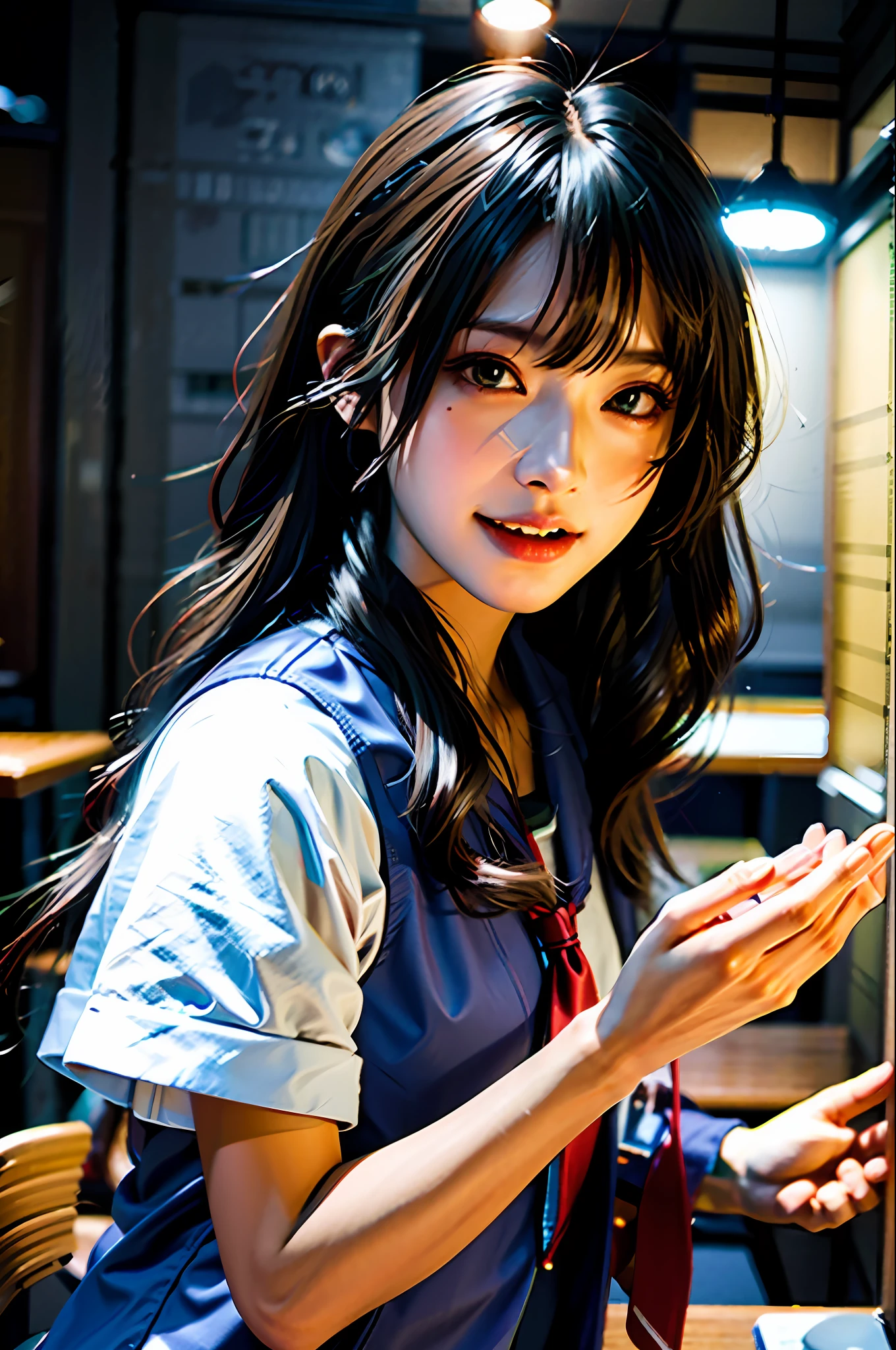 (masterpiece), best quality, ultra high res, close up, slim body, 1girl,school uniform, long hair, laughing, ramen, night, Tokyo restaurant background, colorful lights, photon mapping, radiosity, physically-based rendering, cinematic lighting, intricate, High Detail, Sharp focus, dramatic, photorealistic