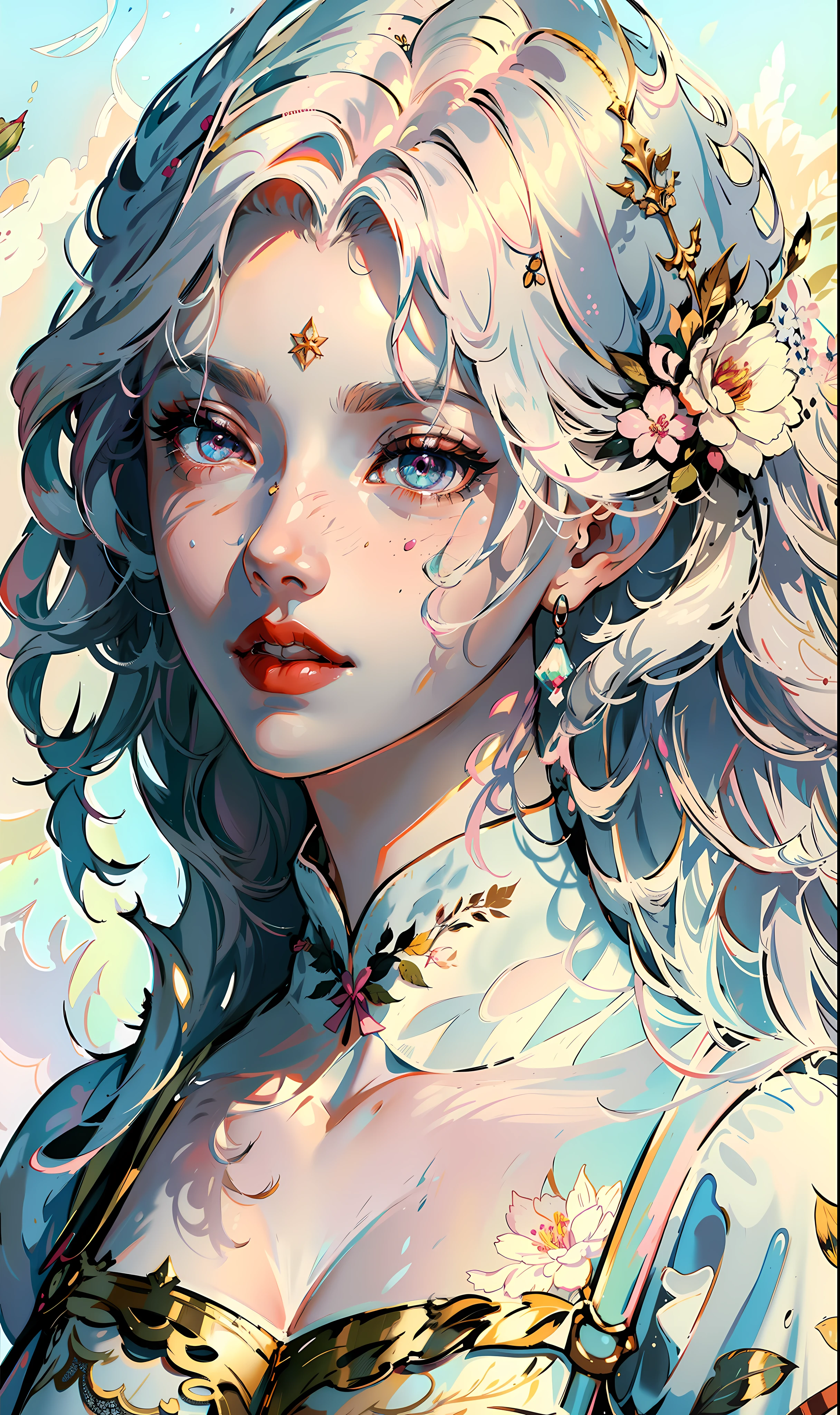 Masterpiece, Superb Quality, Ultra Detailed, Illustration, Portrait, 1girl, Colorful Eyes, Long Hair, Curly Hair, Bangs, Hand Bouquet, Pink Tulip, Looking Sideways at the Camera, Pure White Background, Gradient Background, Suspenders, Off-the-Shoulders, Modern Dress, Swordsman, White Hair, White Hair, Guvez Art Style, --v6