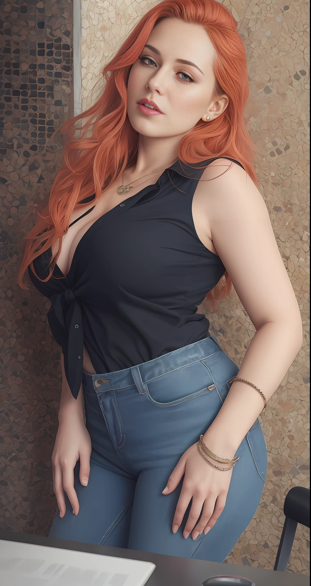 beautiful german student, red hair, full body, in office outfit, (unbuttoned blouse), indoor, dungeon, sitting, with a wide neckline, big tits photorealistic, photo, masterpiece, realistic, realism, photorealism, high contrast, photorealistic digital art trending on Artstation 8k HD High Definition Detail Realistic, Detailed, Skin Texture, Hyper Detail, Realistic Skin Texture, Armature, Best Quality, Ultra High Resolution, (Photorealistic: 1. 4), high resolution, detailed, raw photo, sharp repetition, Lee Jeffries Nikon D850 Film Stock Photography 4 Camera Kodak Portra 400 F1.6 lens Rich colors Hyper-realistic realistic texture Dramatic lighting Unrealengine trends on Artstation Cinestill 800,