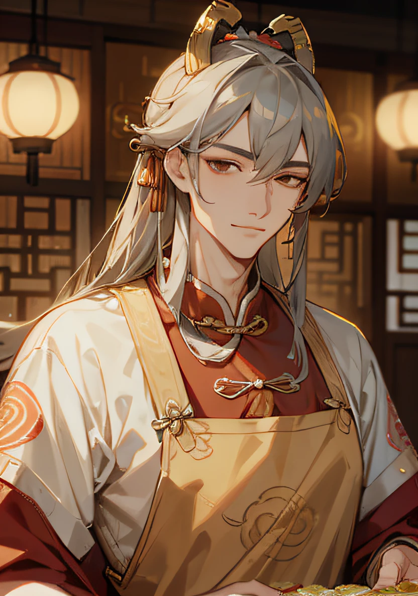 Best quality, super detail, high quality, masterpiece, 8k, 1 male, handsome, mature, tall, muscular, gray hair, long hair, bunched, bangs, asian male, golden eyes, confident smile, delicate facial features, Chinese style, Tang dynasty clothing, apron, delicate patterns on aprons, old kitchen, interior, lights at 10 o'clock, look at the audience, tables, lots of food on the table, delicious food,
