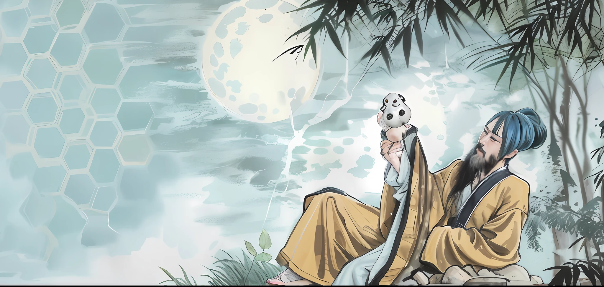 painting of a man sitting on a rock with a bird in his hand, inspired by Wu Daozi, chinese mythology, inspired by Luo Mu, inspired by Ma Yuan, daoist, by Ma Yuan, inspired by Fu Baoshi, god of moon, inspired by Ma Lin, chi-gong, inspired by Shen Quan, wearing flowing robes