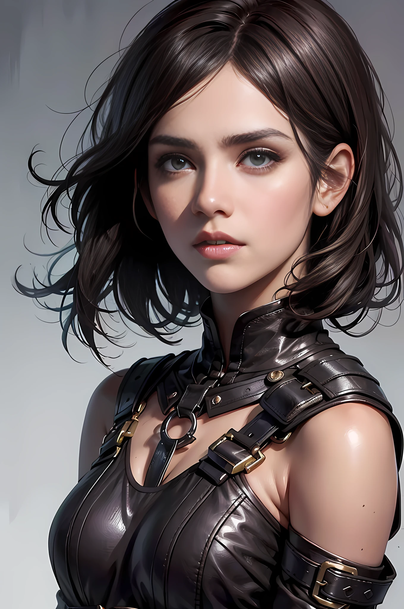 1girl
rait of a woman with dark brown hair, dark eyes, dark eyebrows, dark eyebrows, wide chin, by greg rutkowski and seb mckinnon, trending on artstation