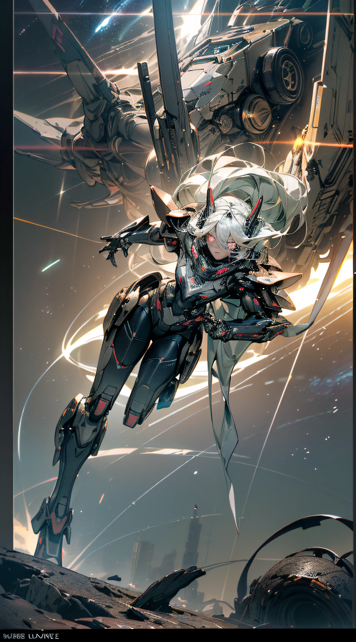 ((Best quality)), ((masterpiece), (highly detailed:1.3), 3D, Pretty, (cyberpunk:1.2), In Space, Nebula, holding_weapon, (1Female mecha:1.3), facing the audience, beautiful face, golden eyes, long white-blond hair, long silky hair, full body, (flying, diving down, dynamic, Motion Blur: 1.4), (Giant Mech Wings: 1.6), Look Up, glowing_eyes, Mecha, Panorama, Earth, Blue Planet, Ring Circle, Nebula, Starlight, Space, Particle, Reality, HDR (High Dynamic Range), Ray Tracing, NVIDIA RTX, Super Resolution, Unreal 5, Subsurface Scattering, PBR Texture, Post Processing, Anisotropic Filtering, Depth of Field, Maximum Sharpness and Sharpness, Multi-layer Texture, Albedo and Specular Mapping, Surface shading, Accurately Simulating Light-Material Interactions, Perfect Proportions, Octane Render, Duotone Lighting, Large Aperture, Low ISO, White Balance, Rule of Thirds, 8K RAW, High Efficiency Sub-Pixel, Subpixel Convolution,