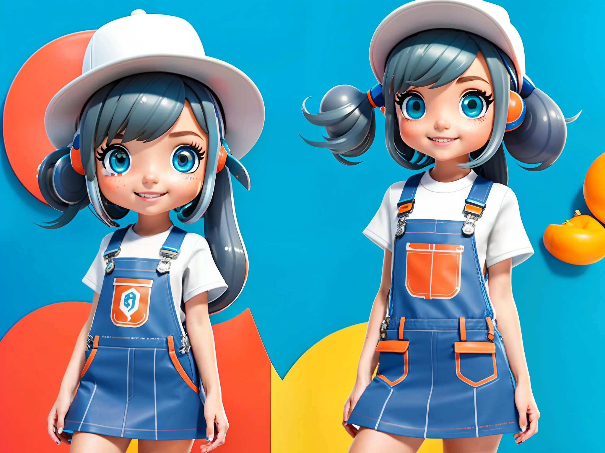 A stunning masterpiece of ultra-detailed artwork, featuring a cute girl from the game Splatoon. The overall picture and the style of the characters are similar to the game Splatoon's CG drawing style. The artwork showcases a full body portrait with a white or simple background. The girl's face is beautifully detailed, with a beautiful detailed face and ultra-detailed captivating eyes that draw you in. The girl is set against a simple white background, which highlights her unique features even more. Her gray blue hair is styled in a fun and playful way, while her orange sweater which slightly oversized adds a pop of color to the image. She is wearing a light blue short skirt that complements her overall look perfectly. Her light blue short skirt adds a touch of playfulness to the overall image. The ratio of her head to her body is about 1:3 or 1:4.