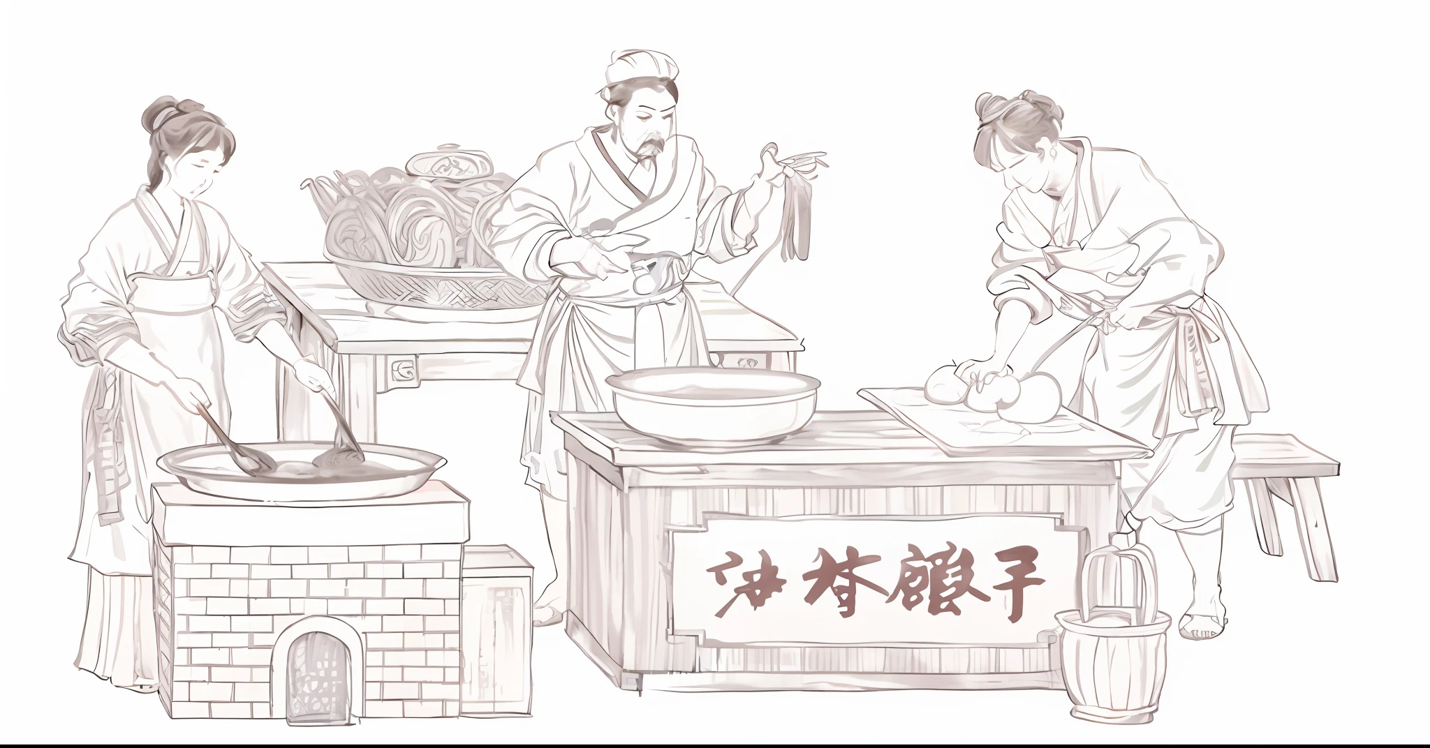 Alafard painting of a woman cooking in the kitchen, Chinese color illustration, full-page illustration, museum ink painting, Chinese Traditional, historical images, traditional Chinese ink painting, Qiang and Shurakget, Chiba Xiongda, Emperor Xuande, Chinese heritage, meticulously depicted, rich in color