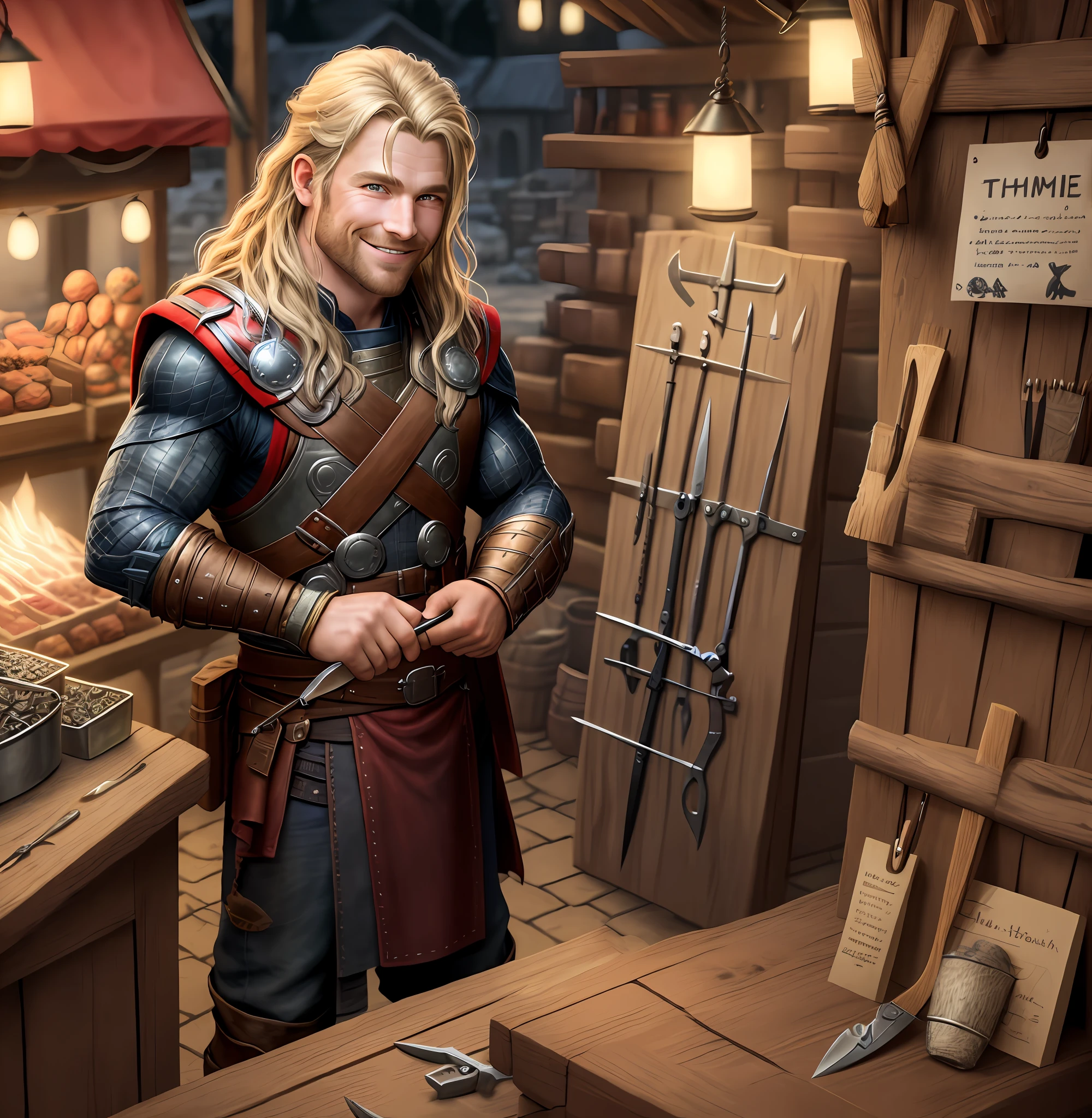 Thor,realistic thor,selling iron materials(knife,hammer,muli,pliers),in blacksmith shop,smiling,nightmarket,8k,one thor,one man