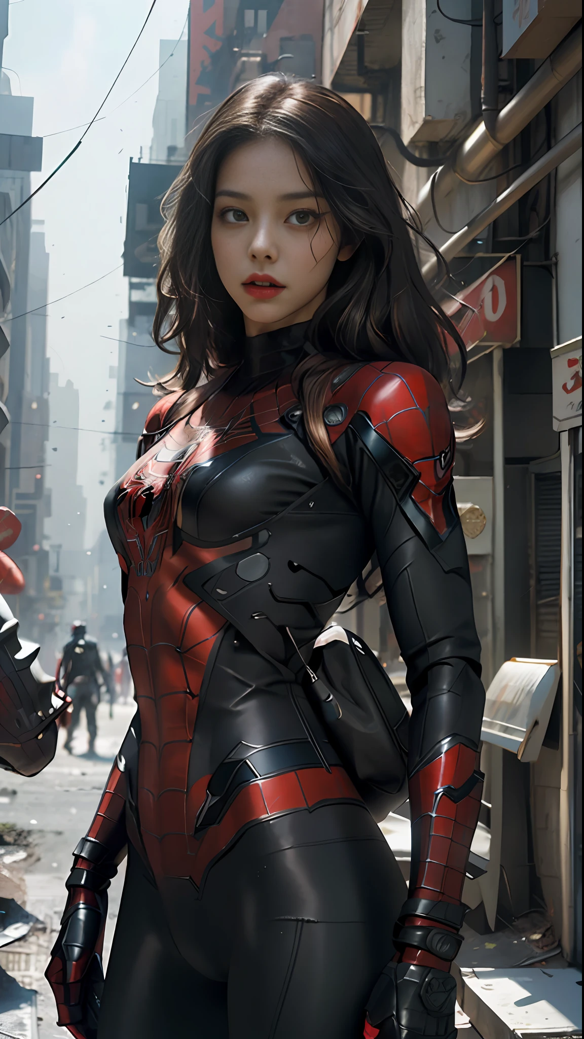 Beautiful woman detailed defined body using Spider-Man roleplay, small breasts, she is wearing Spider-Man suit, red and black color scheme, spider, very detailed abandoned warehouse background, detailed face, detailed complex busy background, messy, gorgeous, milky white, highly detailed skin, realistic skin details, visible pores, sharp focus, volumetric fog, 8k uhd, DSLR, high quality, film grain, fair skin, photo realism, lomography, A sprawling metropolis in a dystopia of the future, seen from below, translucent