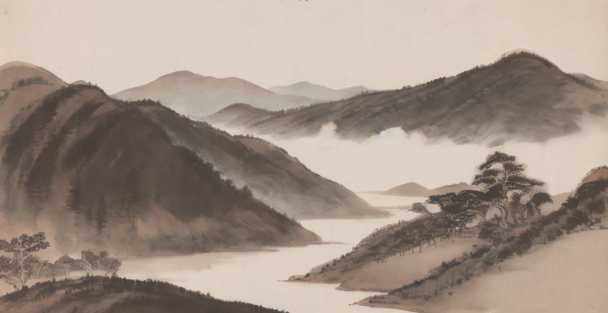 a painting of a landscape with trees and mountains in the background, badashanren, landscape, a painting, ancient china painting