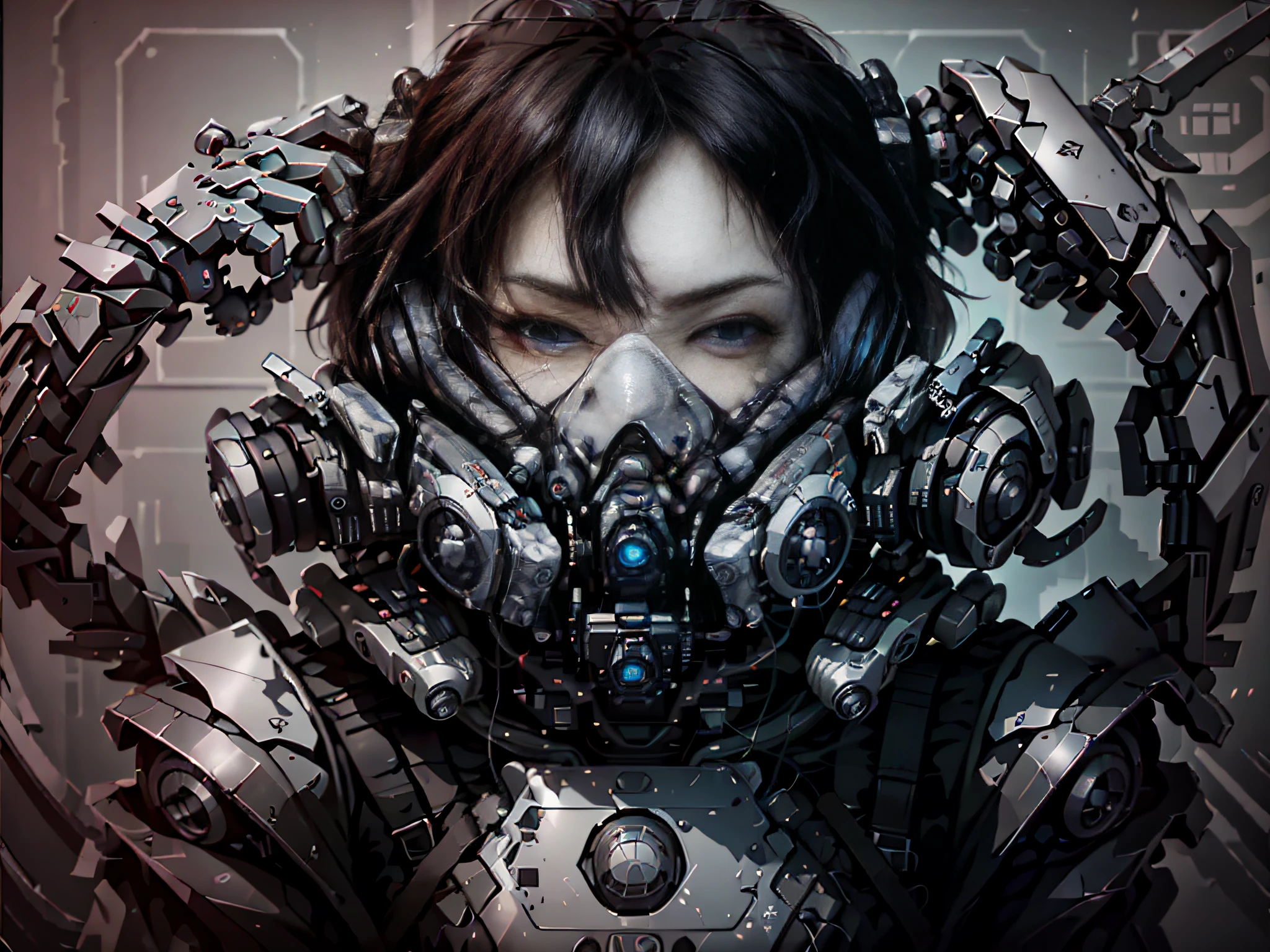 This is a CG Unity 8k wallpaper with ultra-detailed, high-resolution and top quality in cyberpunk style, dominated by black and red. In the picture, a white messy man with short hair appears, with a resolute face and a transparent mask