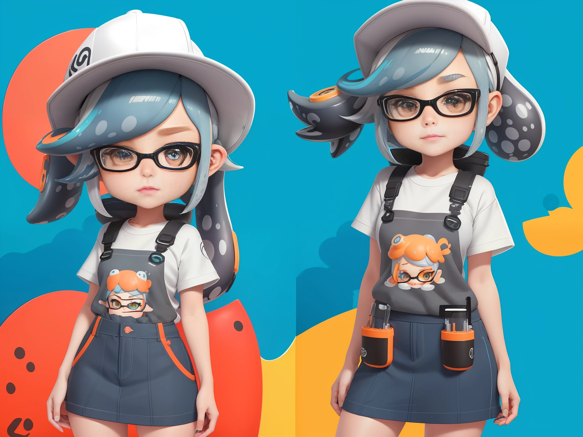 Splatoon, splatoon style, CG drawing style, cute beautiful girl, beautiful detailed face, ultra-detailed captivating eyes, fun and playful hairstyle, gray blue hair, orange sweater, light blue short skirt, head to body ratio is about 1:3 or 1:4, white background or simple background, full body, masterpiece, best quality, artwork, ultra-detailed