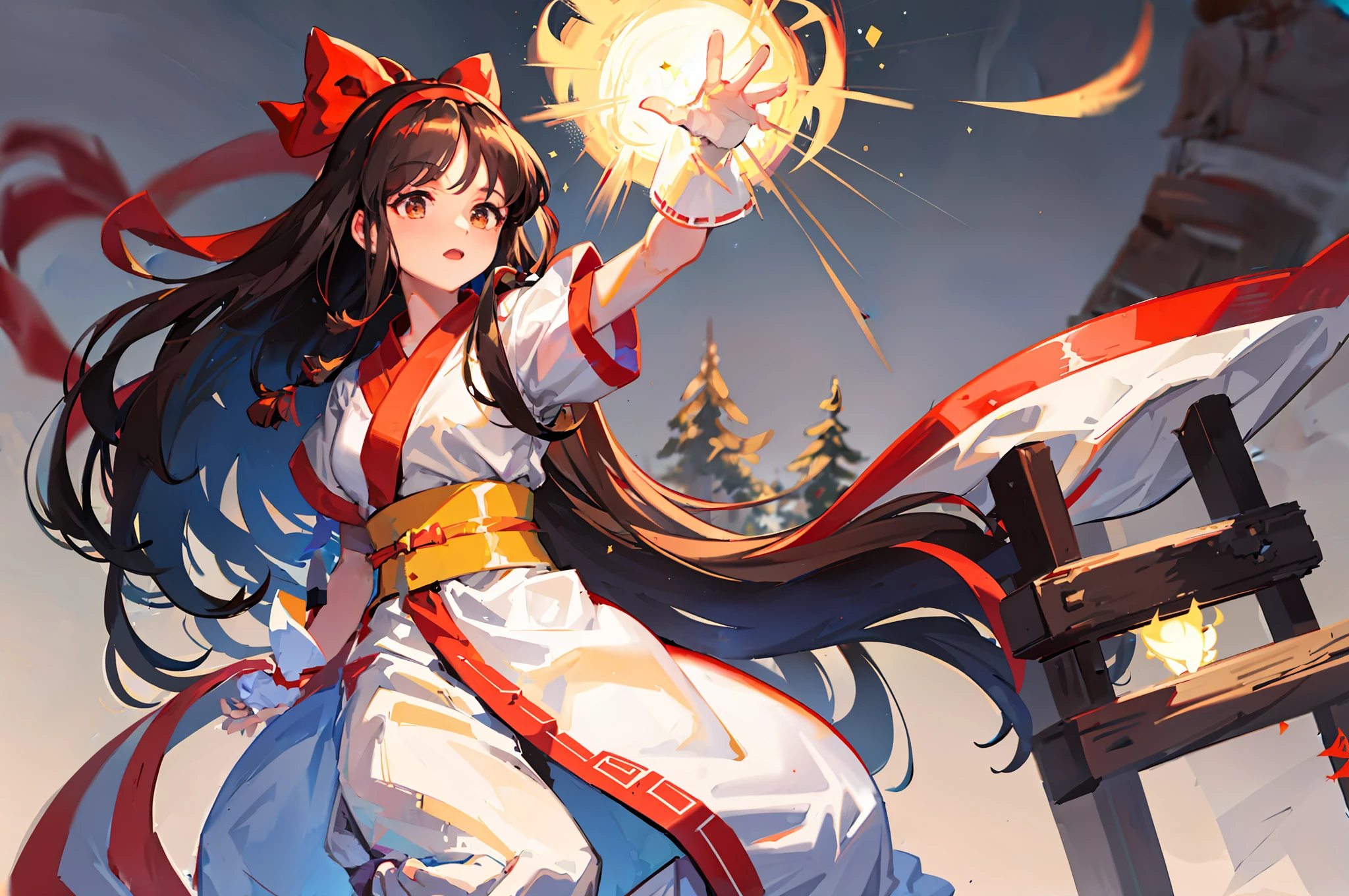 masterpiece, best quality,1girl, solo, nakorurums, red bow, bow, long hair, hair bow, ainu clothes, solo, hairband, black hair, fingerless gloves, short sleeves, gloves, sash, bangs, red hairband, breasts, brown eyes, white pants, japanese clothes, masterpiece, (sparkle: 1.3), relax, (illustration: 1.5), (brush), character selection screen
