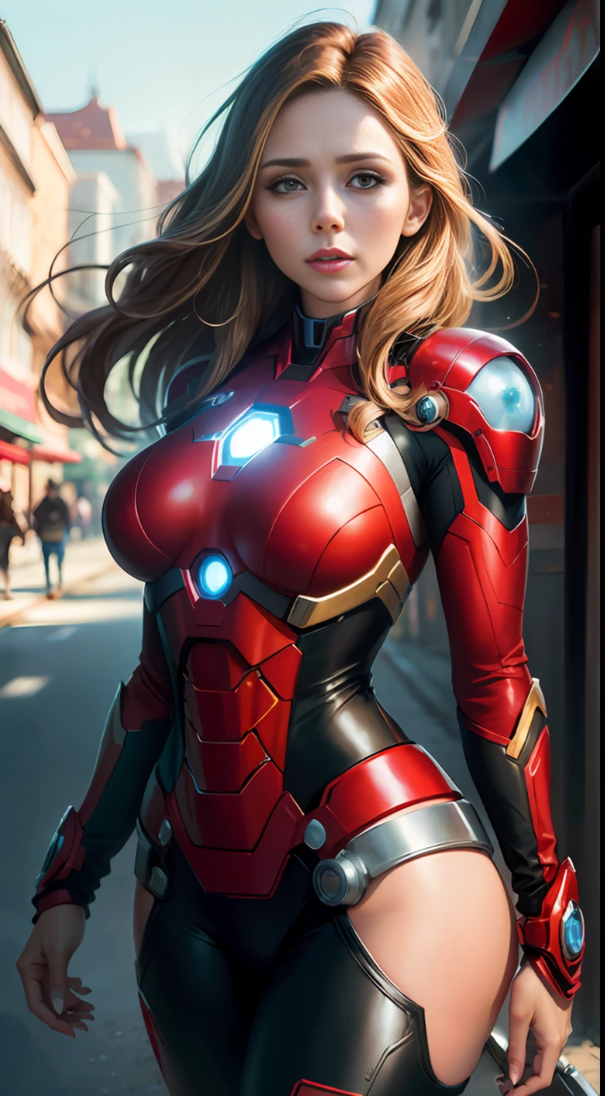 Elizabeth Olsen as Iron Man, bustling street, (inspired by Mass Effect), Iron Man suit, safety rating, breast enlargement, fat buttocks, leather pants wrapped around hips (8k, foto raw, fotorrealista: 1, 25), (muito brilho labial, muitos cílios, melhor qualidade, ultra alta resolução, profundidade de Campo, Aberração Cromática, Luz Ampla, Cor Natural, distant images (1:2)