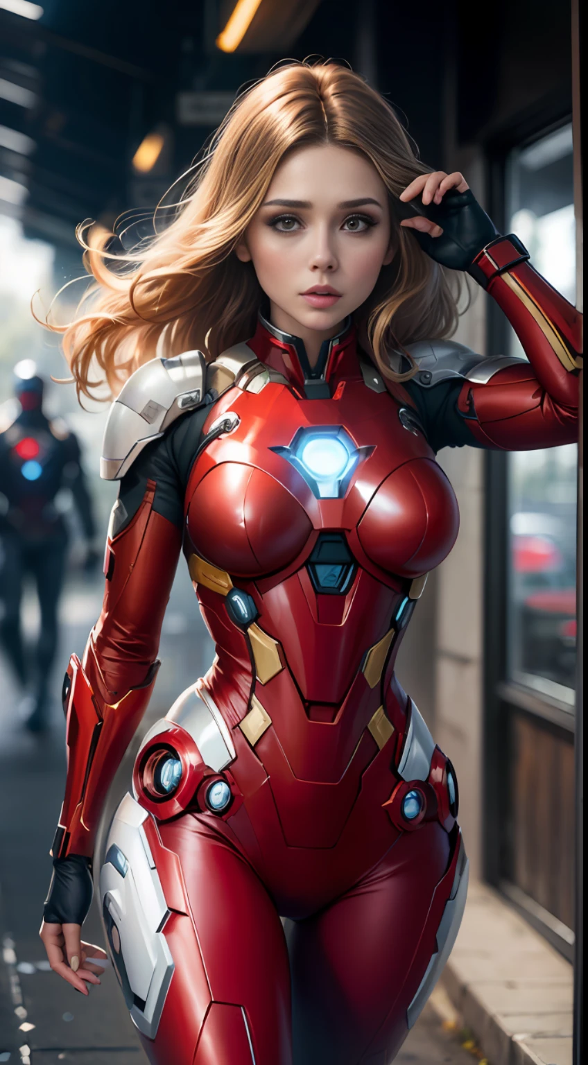 Elizabeth Olsen as Iron Man, bustling street, (inspired by Mass Effect), Iron Man suit, safety rating, breast enlargement, fat buttocks, leather pants wrapped around hips (8k, foto raw, fotorrealista: 1, 25), (muito brilho labial, muitos cílios, melhor qualidade, ultra alta resolução, profundidade de Campo, Aberração Cromática, Luz Ampla, Cor Natural, distant images (1:2)