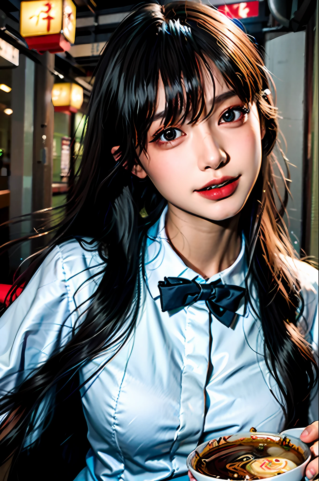 (Masterpiece), Best Quality, Ultra High Resolution, Face Closeup, Slim Figure, 1girl, School Uniform, Long Hair, Laughter, Ramen, Night, Tokyo Restaurant Background, Colorful Lights, Photon Mapping, Teleportion, Physically Based Rendering, Film Lighting, Intricate, High Detail, Sharp Focus, Dramatic, Realism