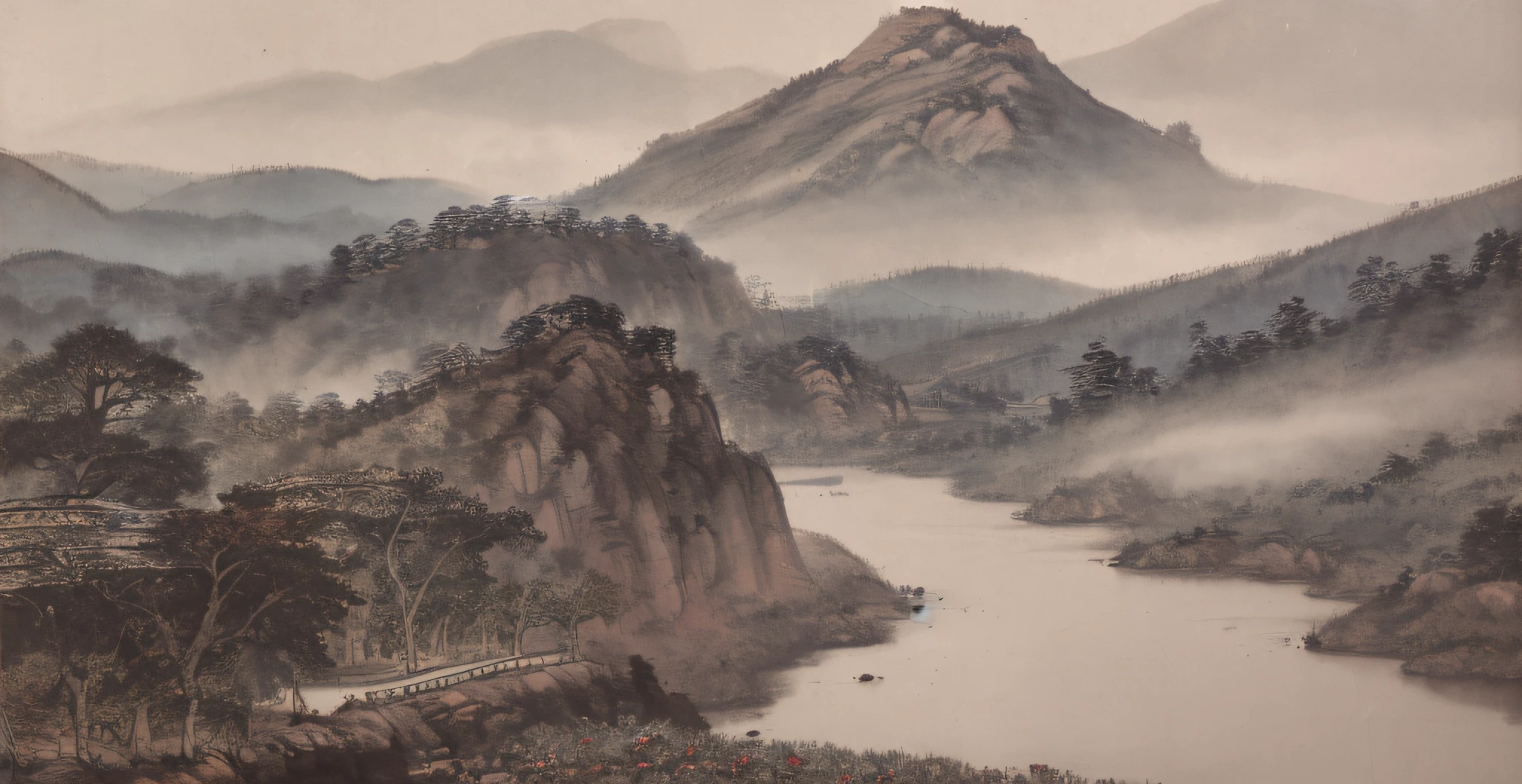 Landscape painting with trees and mountains as background, Bada Shanren, Shi Tao, landscape, one painting, ancient Chinese painting
