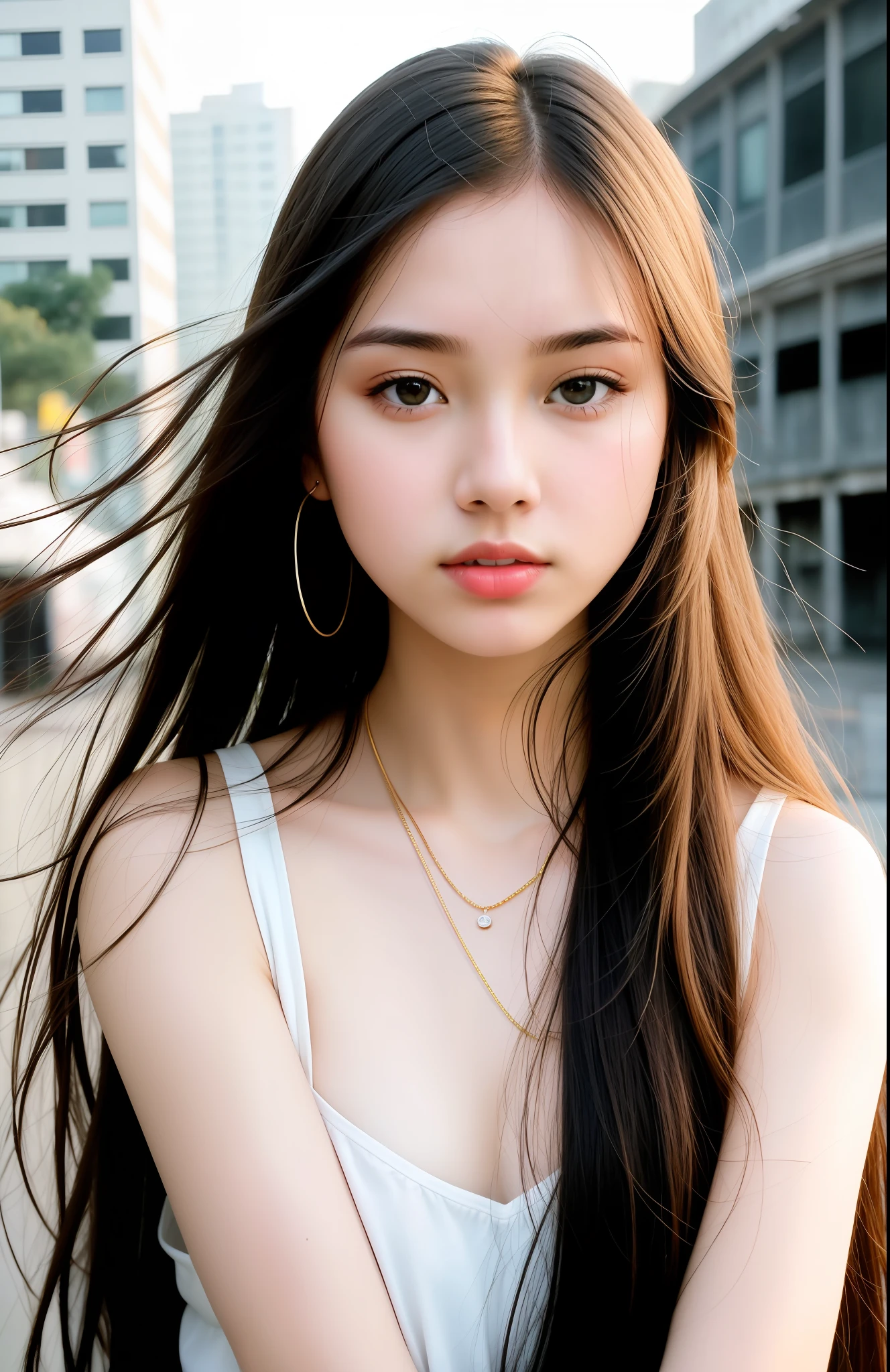 RAW photos, close-up portrait photos of women, long hair, white skin, slim body, urban ruins background, (high detail skin: 1.2), 8k uhd, dslr, lighting, high quality, film grain, fujifilm XT3