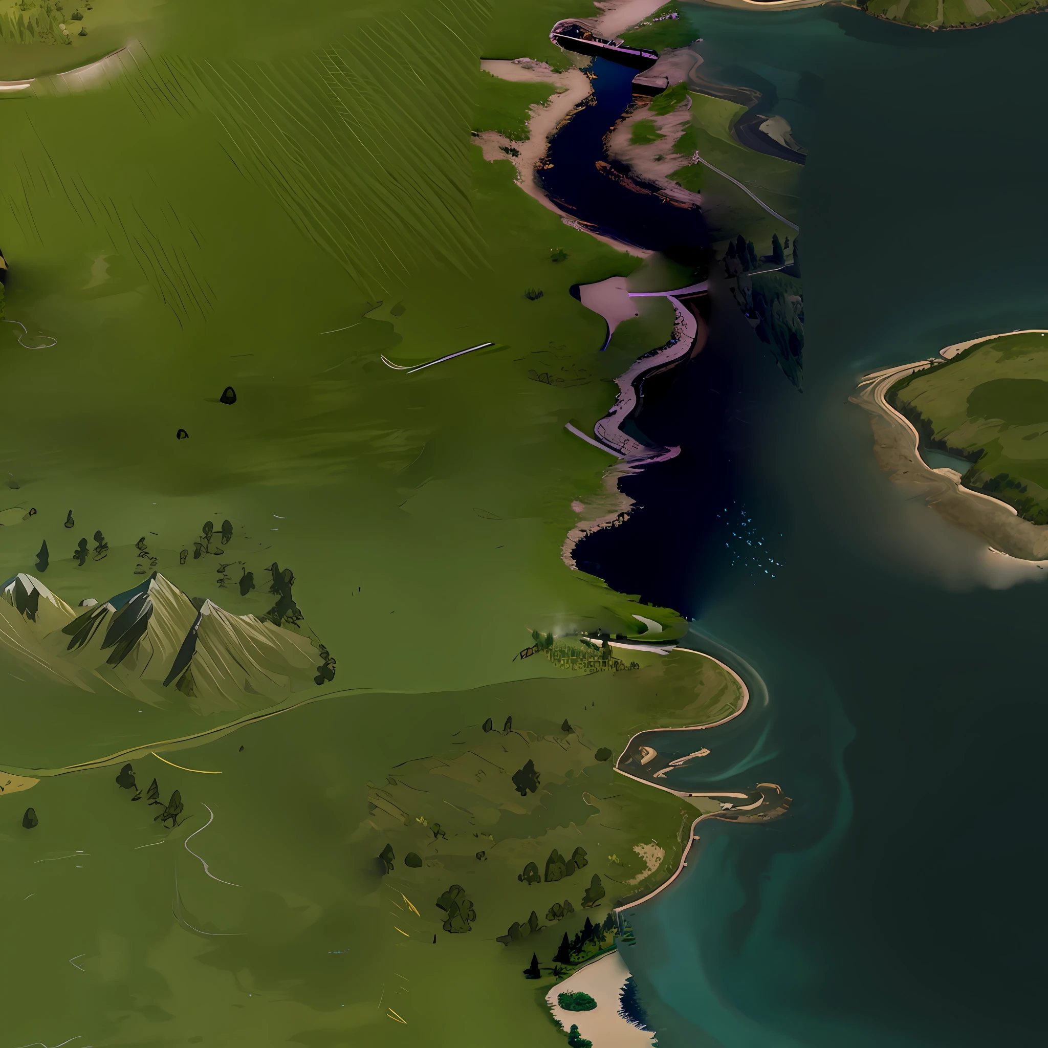 araffes in a field with a river and a forest, steam workshop maps, no trees, hyper detailed, zoom out very far, game map, grassy plains, coastline, highly detailed terrain, an expansive grassy plain, entire city visible, detailed scenery — Width 672, highly detailed maps, simple fantasy maps, r/battlemaps, detailed terrain, rock walls of river channels