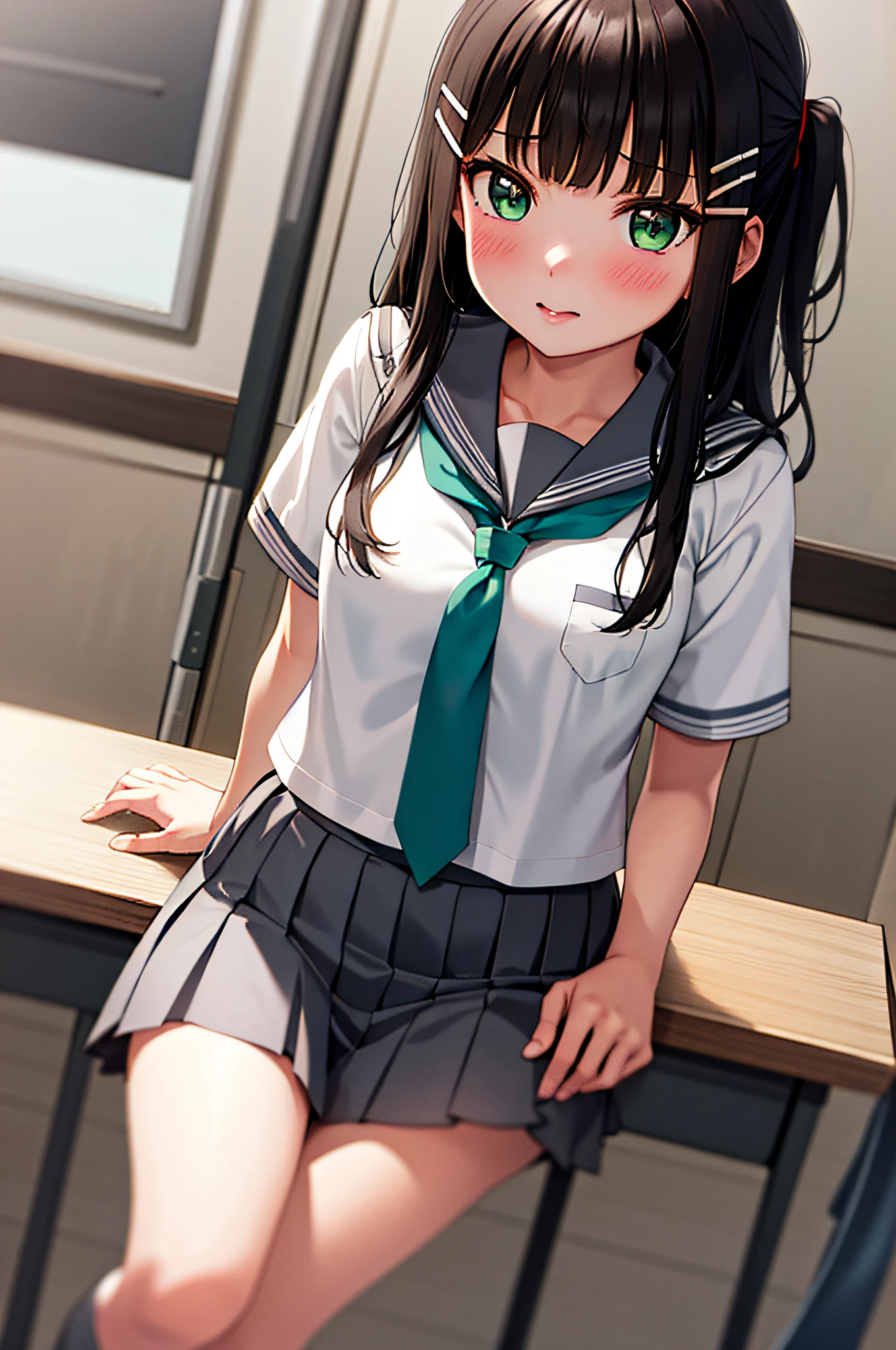 masterpiece, best quality,  1girl, kurosawa dia, long hair, medium breasts,uranohoshi school uniform, school uniform, short sleeves, pleated skirt, white serafuku, neckerchief, grey skirt, grey sailor collar, tie clip, green neckerchief,  green eyes, hair ornament, hairclip, parted lips ,  blush, classroom,