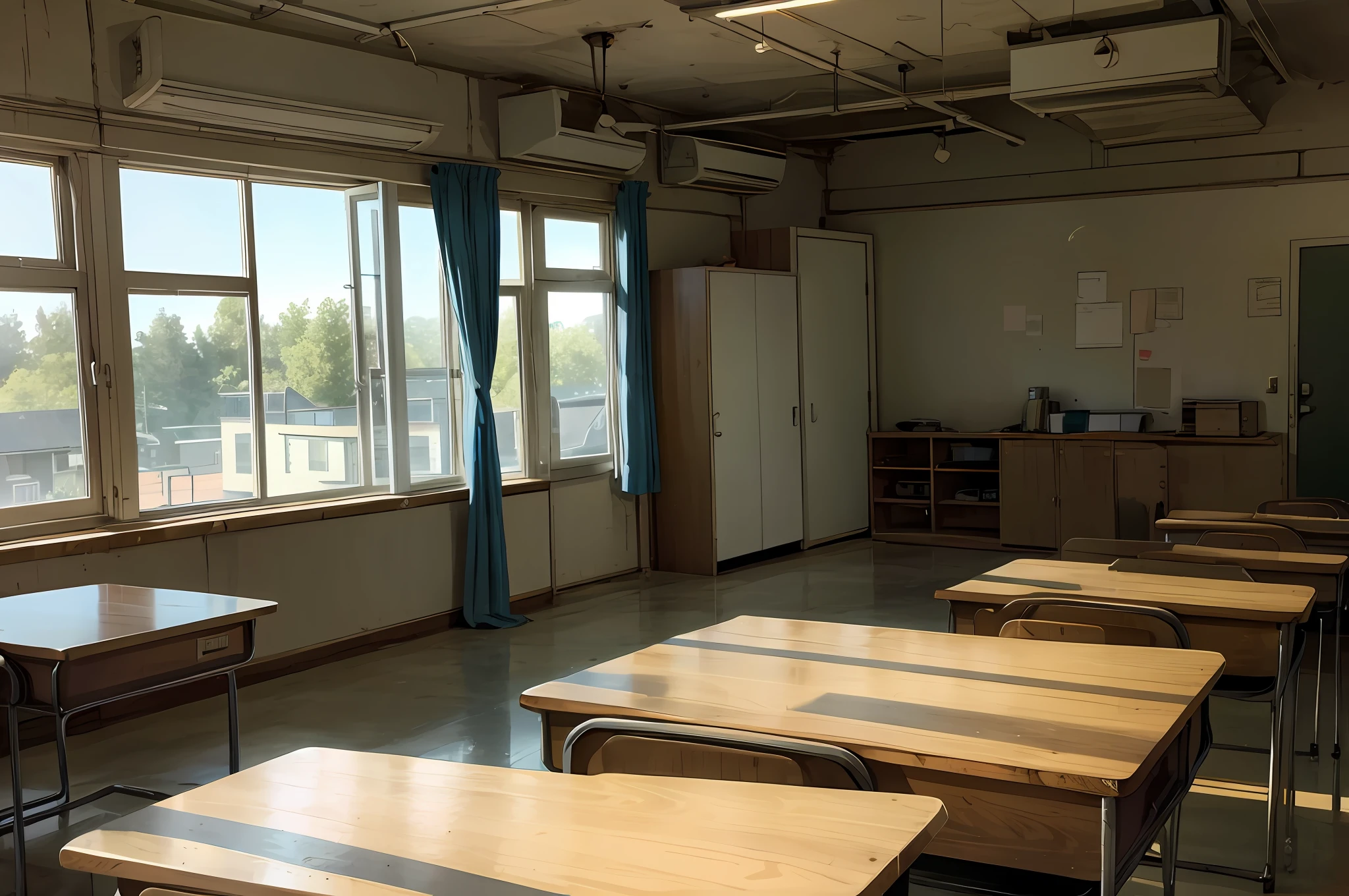 [a school classroom | an old classroom with wood paneling and vintage desks].