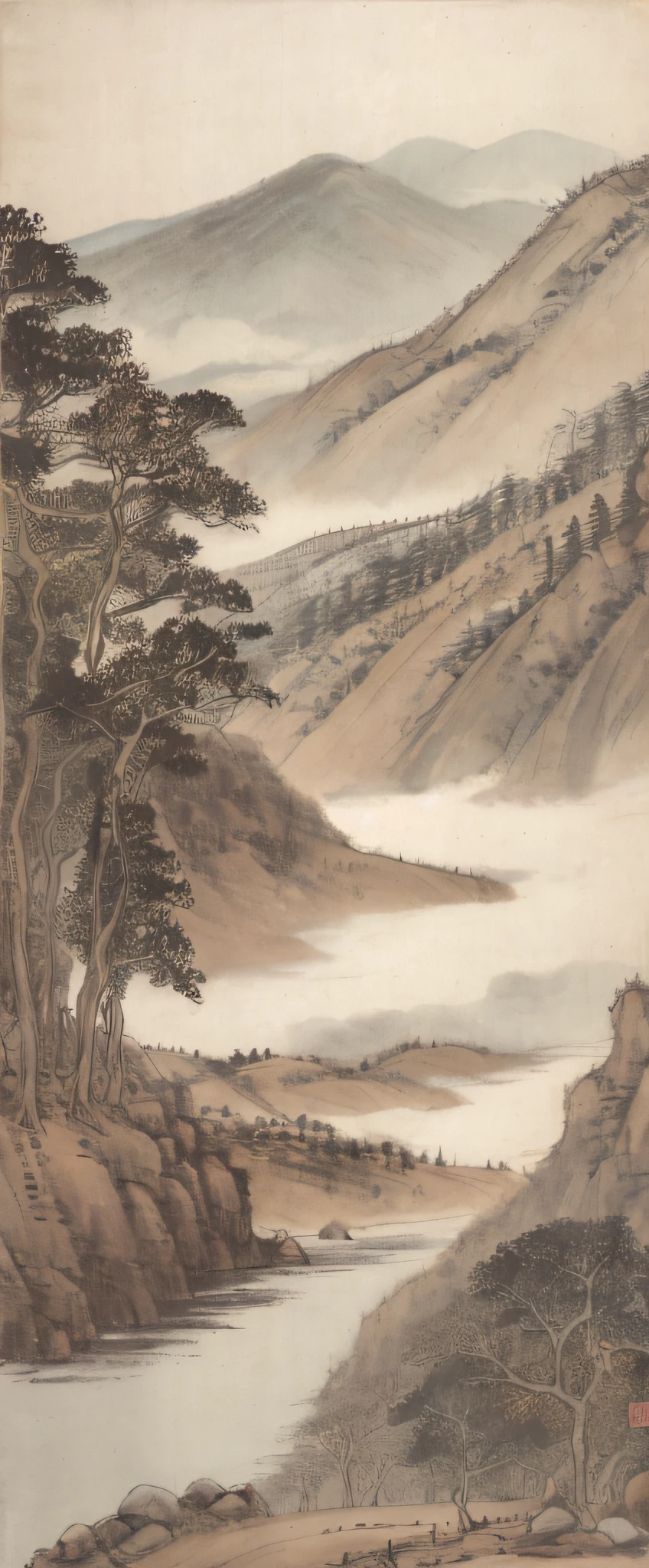 a painting of a landscape with trees and mountains in the background, badashanren, landscape, a painting, ancient china painting