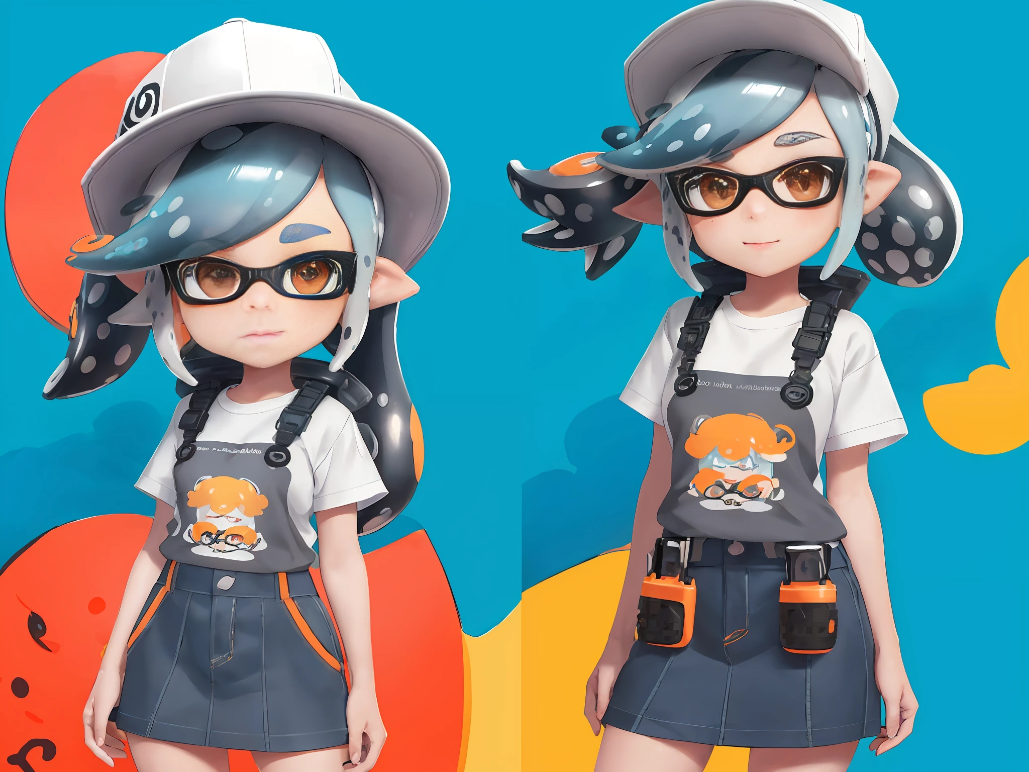Splatoon, splatoon style, CG drawing style, cute beautiful girl, beautiful detailed face, ultra-detailed captivating eyes, fun and playful hairstyle, gray blue hair, orange sweater, light blue short skirt, head to body ratio is about 1:3 or 1:4, white background or simple background, full body, masterpiece, best quality, artwork, ultra-detailed