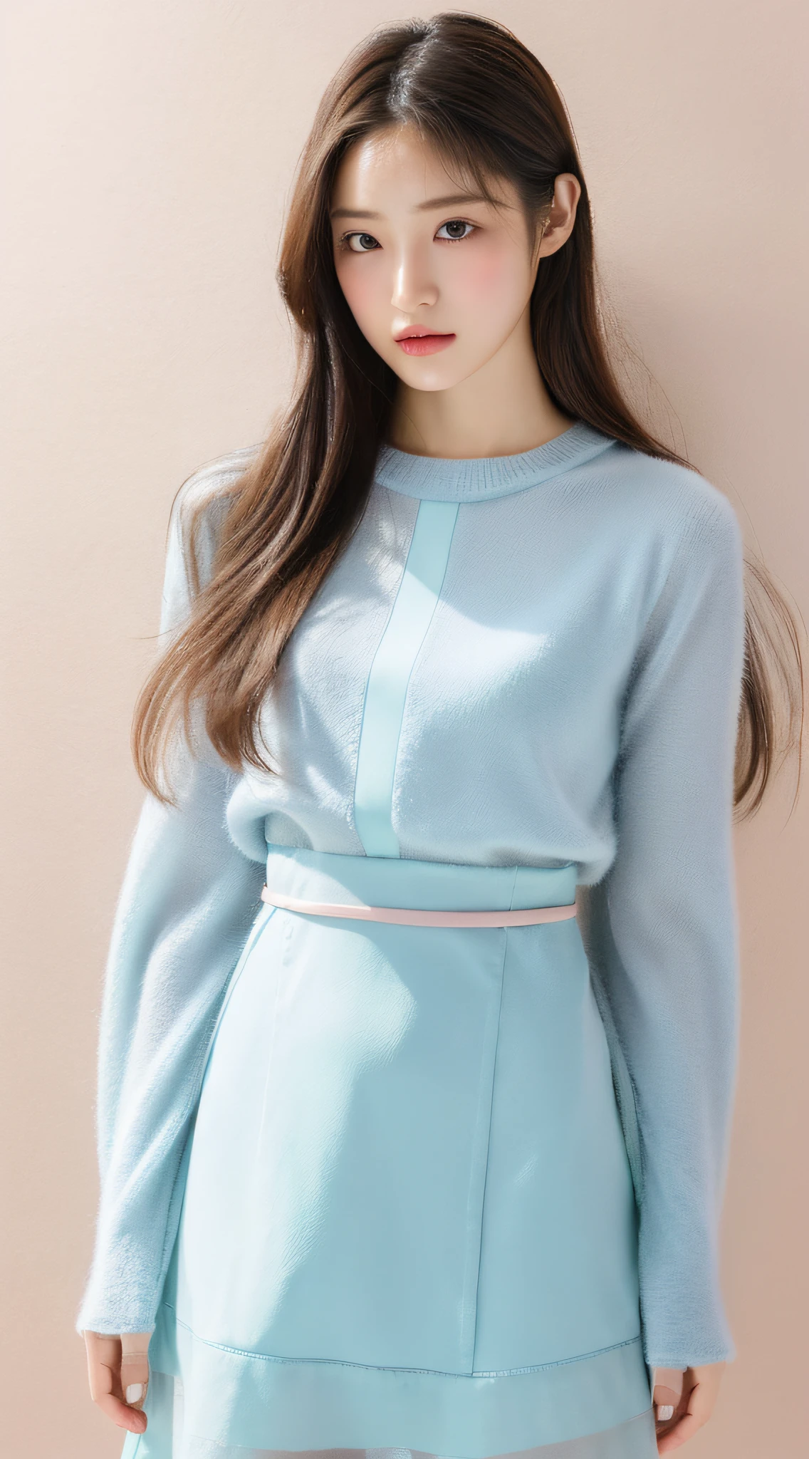 Korean women, goddess, long hair, delicate skin texture and cloth texture, delicate eyes, long eyelashes, double eyelids, upper body, hotel, 8k, highest image quality, masterpiece, super high resolution: 1.2, beautiful female photo with theme of girly elegant style, Araki in dress, (zettai ryouiki), simple cut dress, cashmere fabric, feminine in cute pastel tones, feminine in pastel tones, wearing smooth dresses, pastel tones, soft colors, Light color clothing, pastel tones, pastel clothing, Korean female fashion model, pastel style, multi-layer clothing, wearing elegant clothing, soft and cute colors