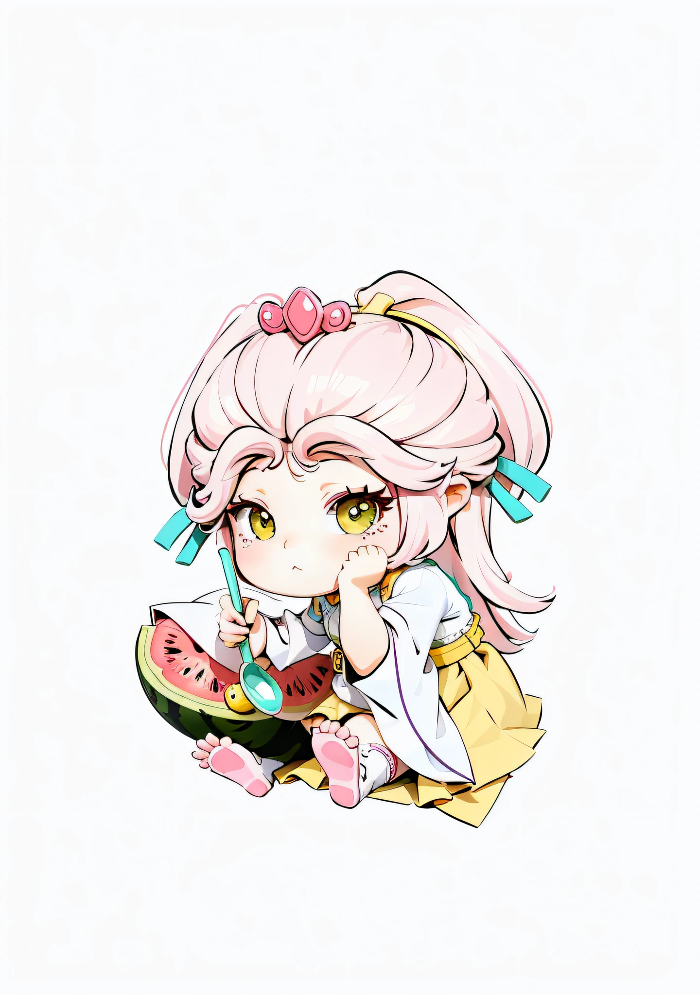 A cute cartoon girl is sitting with a yellow spoon eating watermelon, her hair is pink, her top is white, her skirt is green, her belt is yellow, line art, blank background