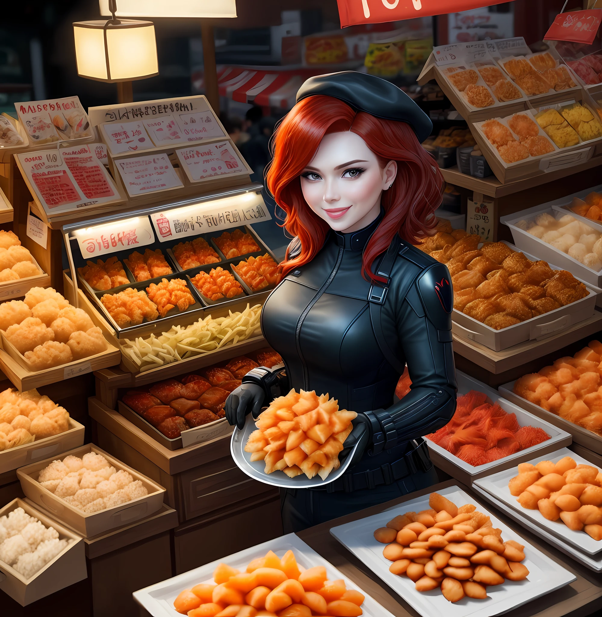 black widow,natasha romanoff,beautiful face,selling fried fish,fish shop,smiling,night market,8k