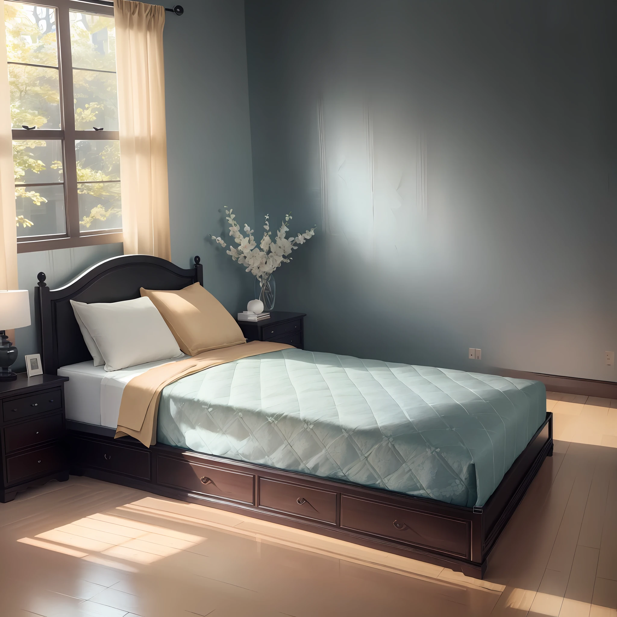 (Ultra fine CG unity 8k wallpaper, masterpiece, super, super detailed), simple decoration style, high resolution, bedroom, (decorative drawing, reference picture), clean and elegant atmosphere, wide angle lens, bed four-piece set, bed pillow, quilt, double bed, bed aspect ratio 2:2.5.