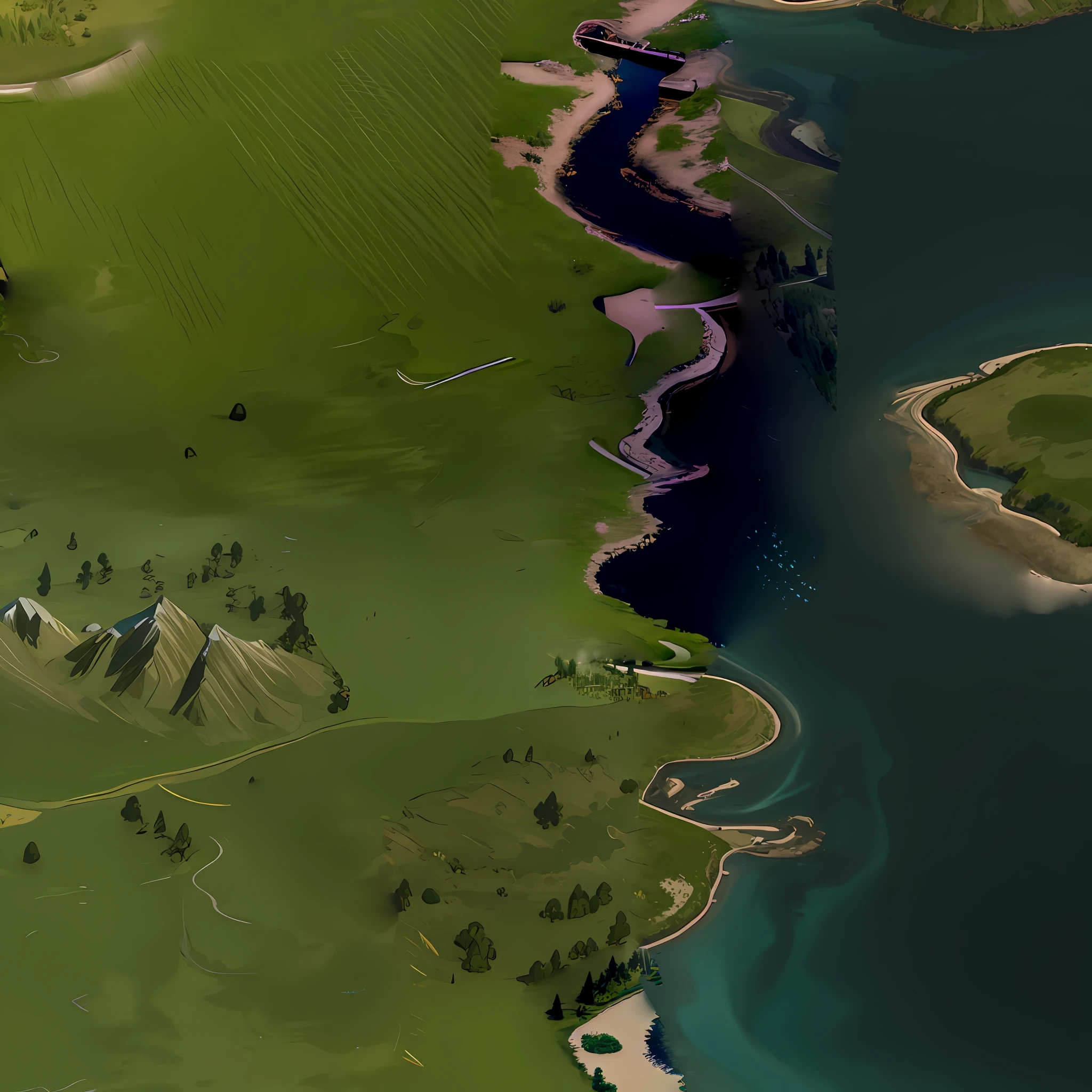 araffes in a field with a river and a forest, steam workshop maps, no trees, hyper detailed, zoom out very far, game map, grassy plains, coastline, highly detailed terrain, an expansive grassy plain, entire city visible, detailed scenery — Width 672, highly detailed maps, simple fantasy maps, r/battlemaps, detailed terrain, rock walls of river channels