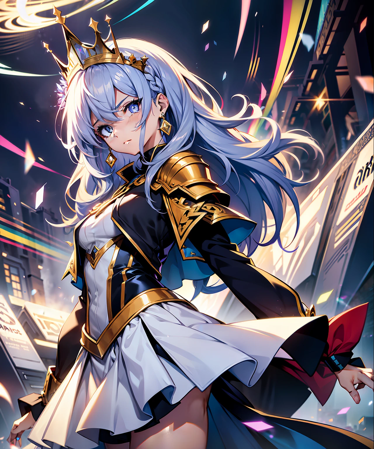 {Full body portrait}, {extremely delicate girl} (magician) (magical handsome armor), CG 8K wallpaper, masterpiece, cold expression, handsome, mid-chest body, face the audience, fashion short skirt, cute t-shirt, rainbow-colored hair, gray eyes, beautiful and delicate eyes {{a black crosshairpin}}, handsome, glowing hair, dramatic angle, diamond crown, earrings,
